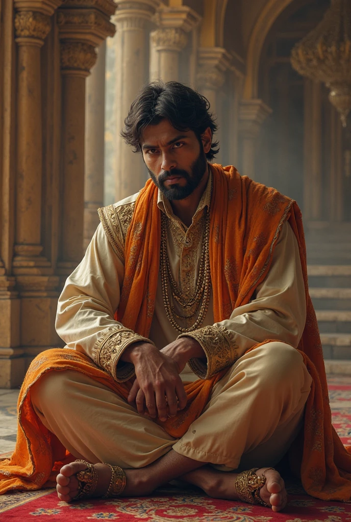 Create an image of a dignified male king in royal garments with a crown featuring Jain symbols such as the hand with a wheel on the palm (Ahimsa). The setting should include Jain temples and peaceful environments.