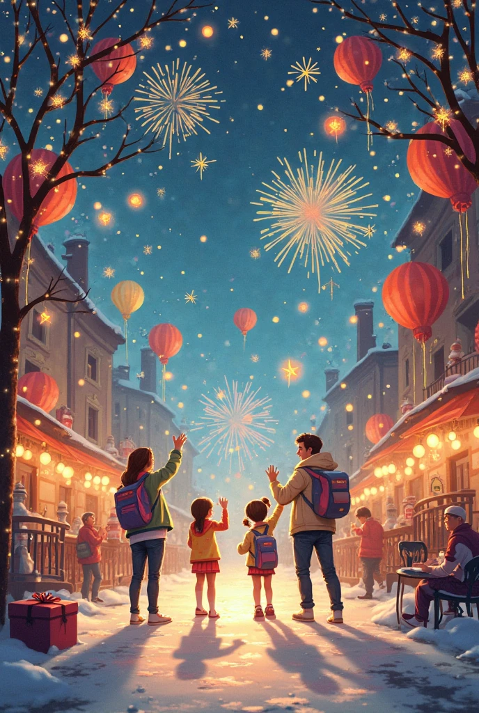 Create a picture of the December holidays with lights, lanterns and fireworks, and children in the streets
