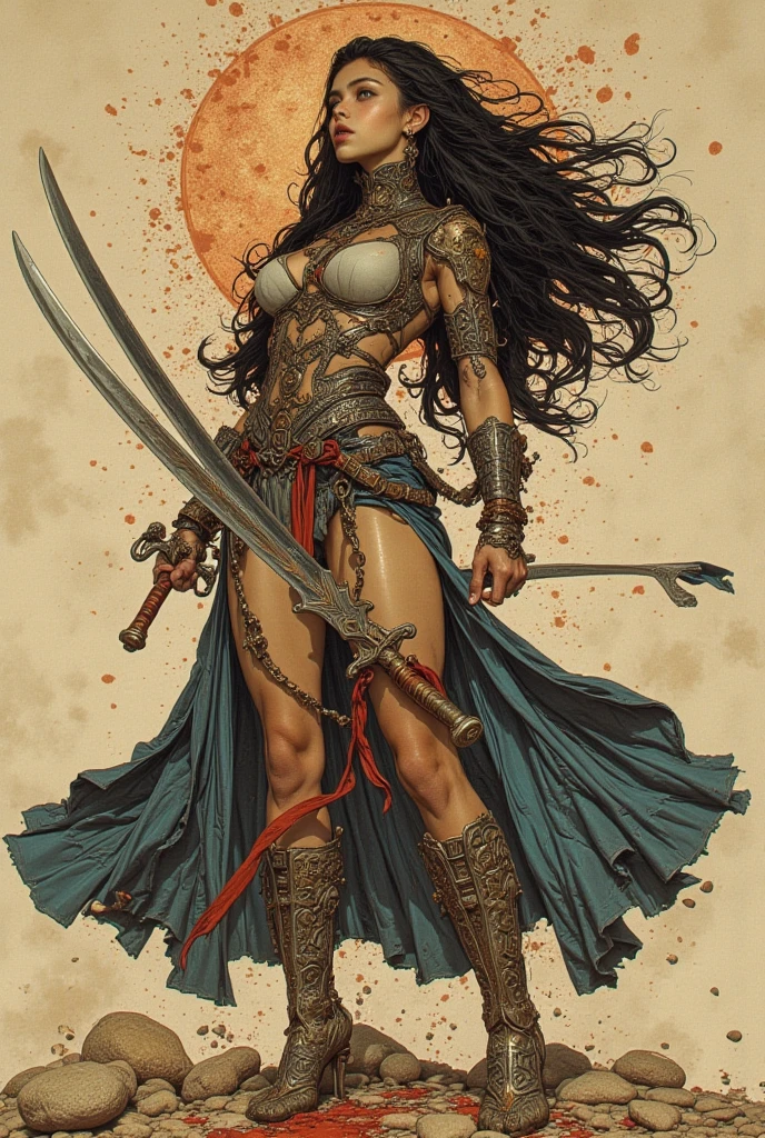 (((mulher))), (((melhor qualidade))), (((obra prima))), (((adulto))), ((( Vision from the waist up ))), comics style, Uma mulher guerreira gladiadora Barbara loira, of 30 years with athletic body, Post Apocalypse, Armadura moderna, capuz, Half-moon symbols and gold stars on clothing, Arabic symbols, muitas joias, (((sozinho))), (((1girl))) , Gladiadores do Brooklyn, quase nua no estilo selvagem urbano de Simon Bisley para a capa da revista Heavy Metal, cabelos moicanos, pose sensual, tiny leather panties, , Minimum clothing, black and red arabesque pattern, armadura, cheio de pontas e estrelas, (((da cintura pra cima))), mohawk hair with small braids, explosion of colors, Wowdk