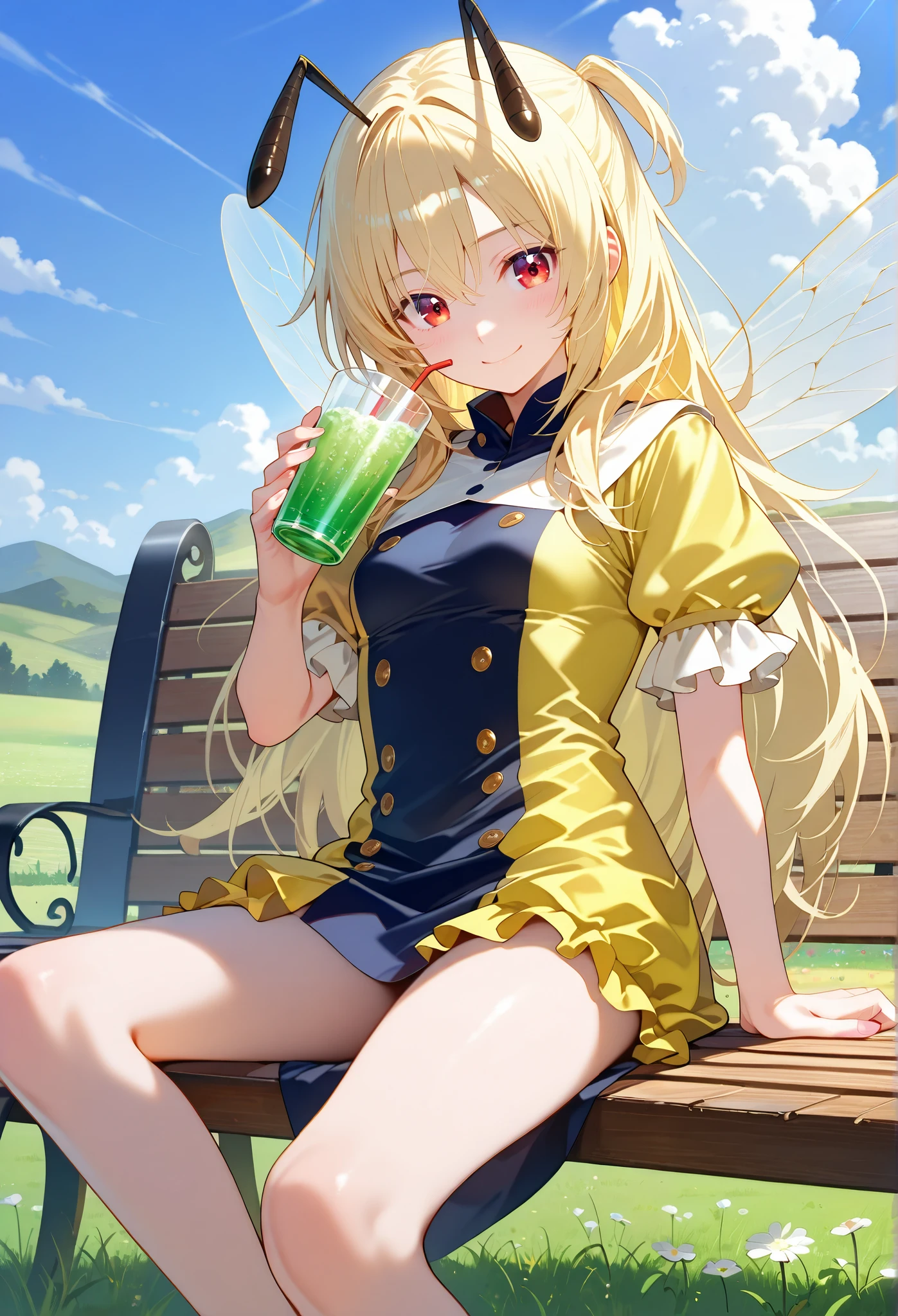 ■構図■She is positioned in the center of the image,
■背景■The background features a light-blue sky dotted with fluffy white clouds,grasslands and many flowers,
■People■(Beautiful Girl Who Cosplay as a Bee:1.3),(loli:0.3),sitting,drinking drink,sitting on Wooden bench
■顔■blonde long hair,(detailed blonde eyelashes:1.2),smile,looking at viewer,
■Body Type■Skinny,perky breasts,small ,
■服装■The woman's attire consists of a form-fitting, bright yellow with black accents, resembling a stylized bee-like costume.(Exposed thighs:1.1),frilled body suit,military style,Transparent bee wings,bee antenna,bare legs