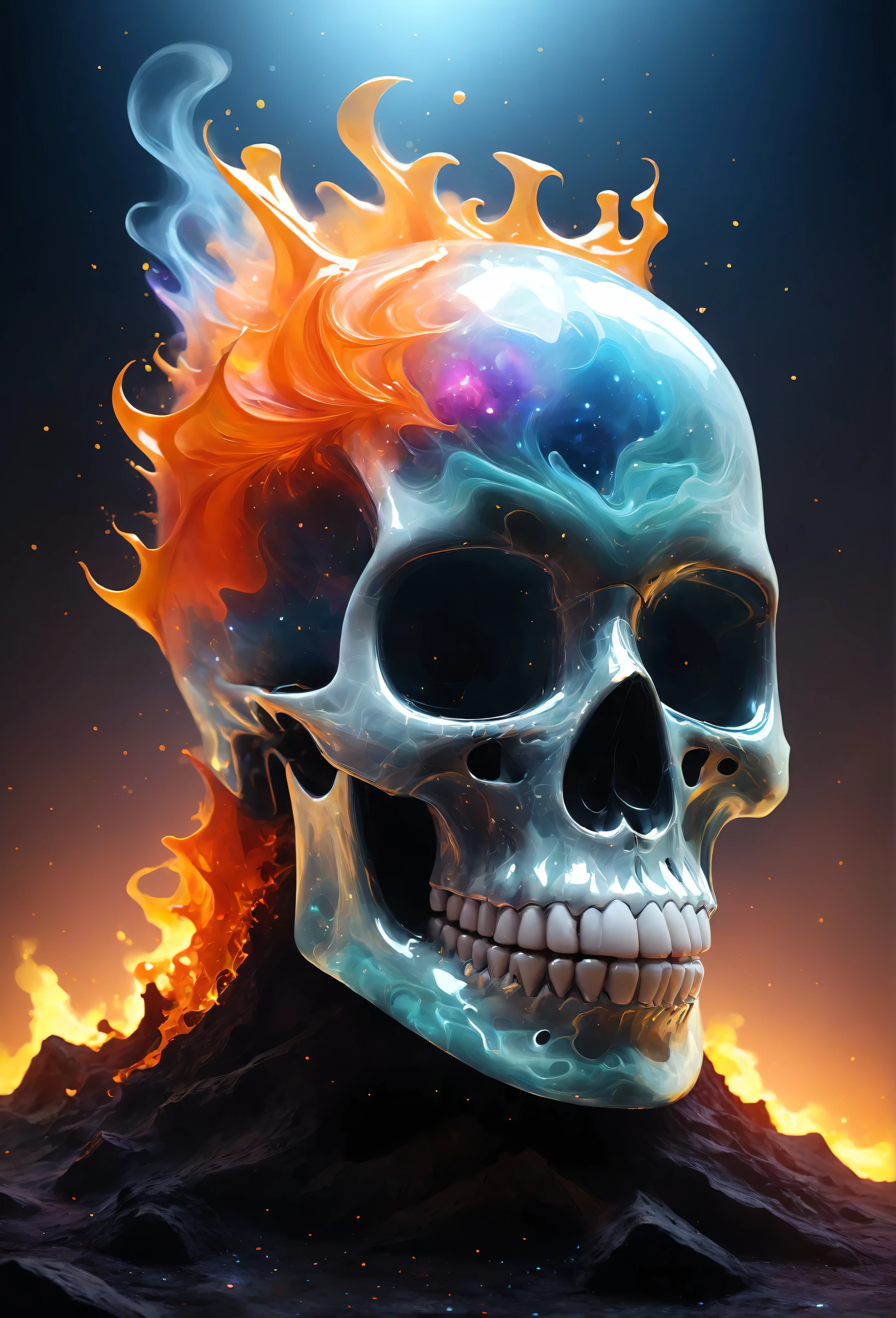 A hyperrealistic rendering of a transparent, colored-glass skull, meticulously detailed, viewed in a three-quarter perspective. The skull is shattering upon impact with the ground, exploding into a vibrant eruption of textured, colorful fragments resembling a swirling mix of dreamlike dust, molten lava, and fiery embers. Intense, multicolored smoke billows outwards, partially obscuring a breathtaking view of a distant, swirling galaxy. The skull's glass components exhibit a luminous quality, refracting light in a dazzling array of iridescent hues. The shattered pieces display intricate, almost fractal-like textures. The lava-like projections are a fiery orange-red, transitioning to deep yellows and vibrant purples at their edges. The dreamlike dust particles shimmer with pastel blues, greens, and pinks. The smoke is thickest near the impact point, gradually thinning into wispy tendrils against the backdrop of the galaxy, which is rendered with realistic detail, showing swirling nebulae and pinpricks of light. The overall lighting is dramatic, with a strong contrast between the bright explosion and the darker cosmic background. The color palette is richly saturated, with a dominant fiery orange-red contrasted by cool blues and purples of the cosmic background and the pastel hues of the ethereal dust. The style evokes a blend of hyperrealism and surrealism, with a cinematic depth of field. Render using a wide-angle lens to capture the full scope of the explosion and its surroundings. The overall mood is one of awe-inspiring destruction and cosmic wonder.