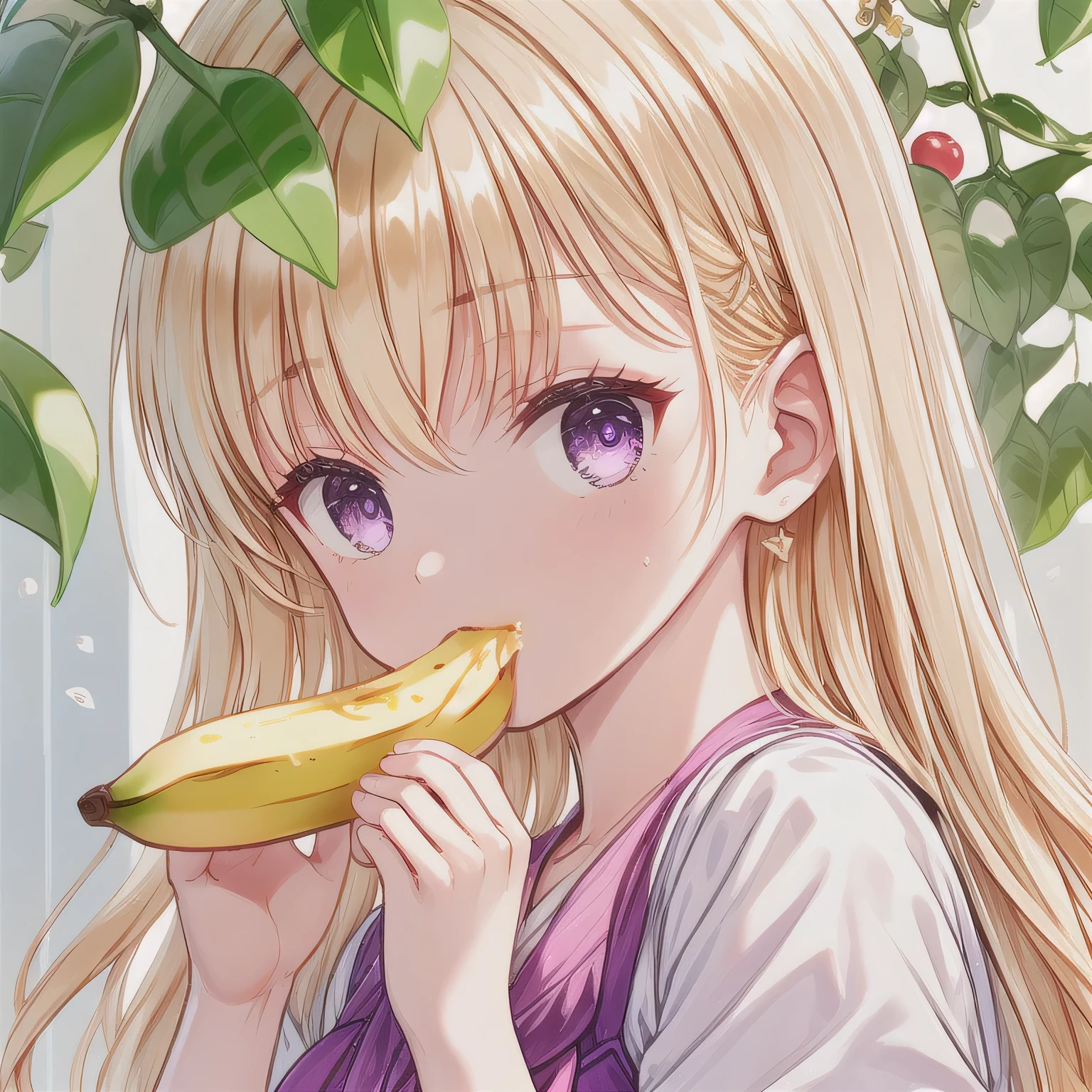 Masterpiece, best quality, 1 girl, long hair, glasses, banana eating, seduction, feminine expression, braids