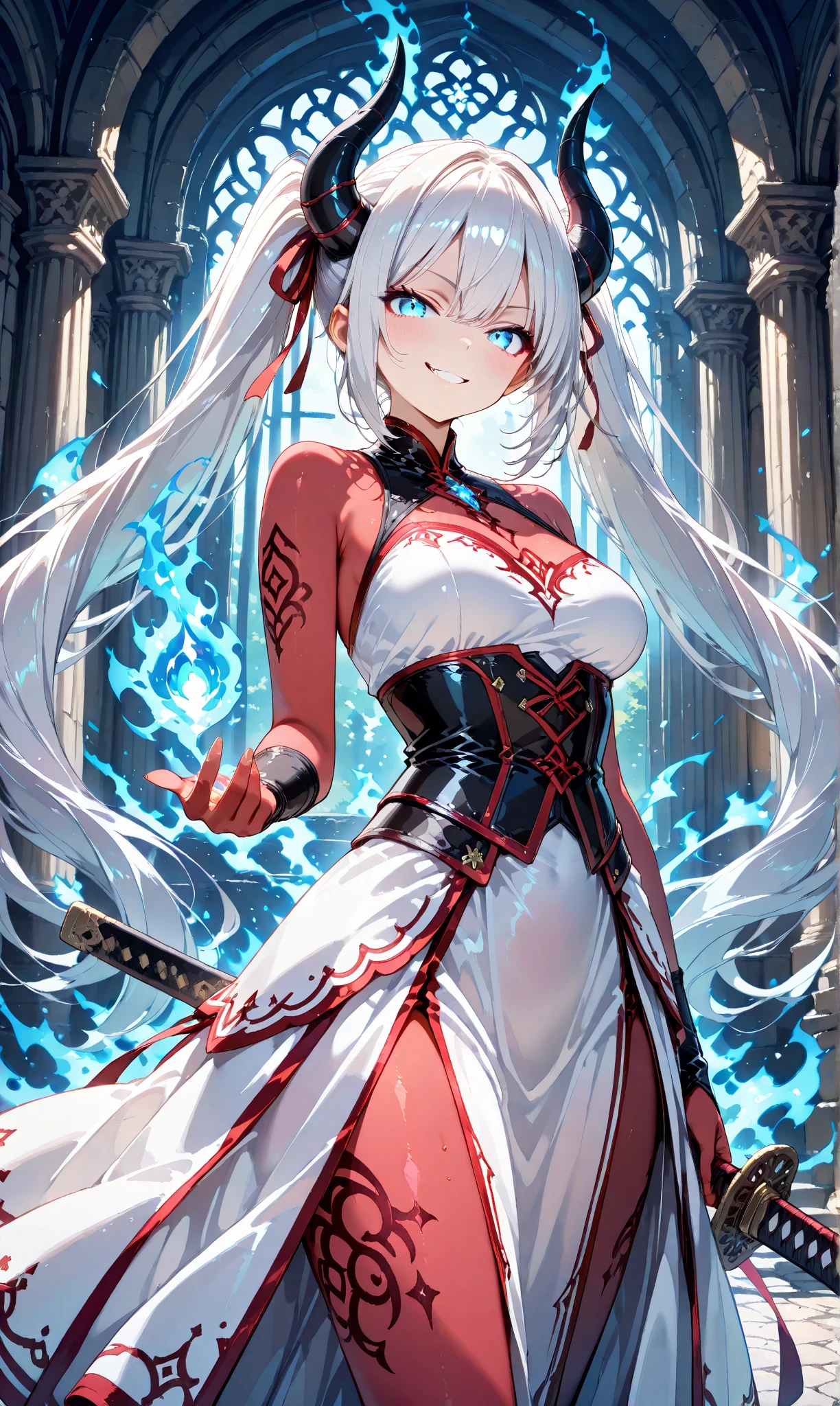 The goddess faces forward and holds out her hands、A red light on the right、　With a blue light in his left hand、Asking which one to choose。　Anime Images
