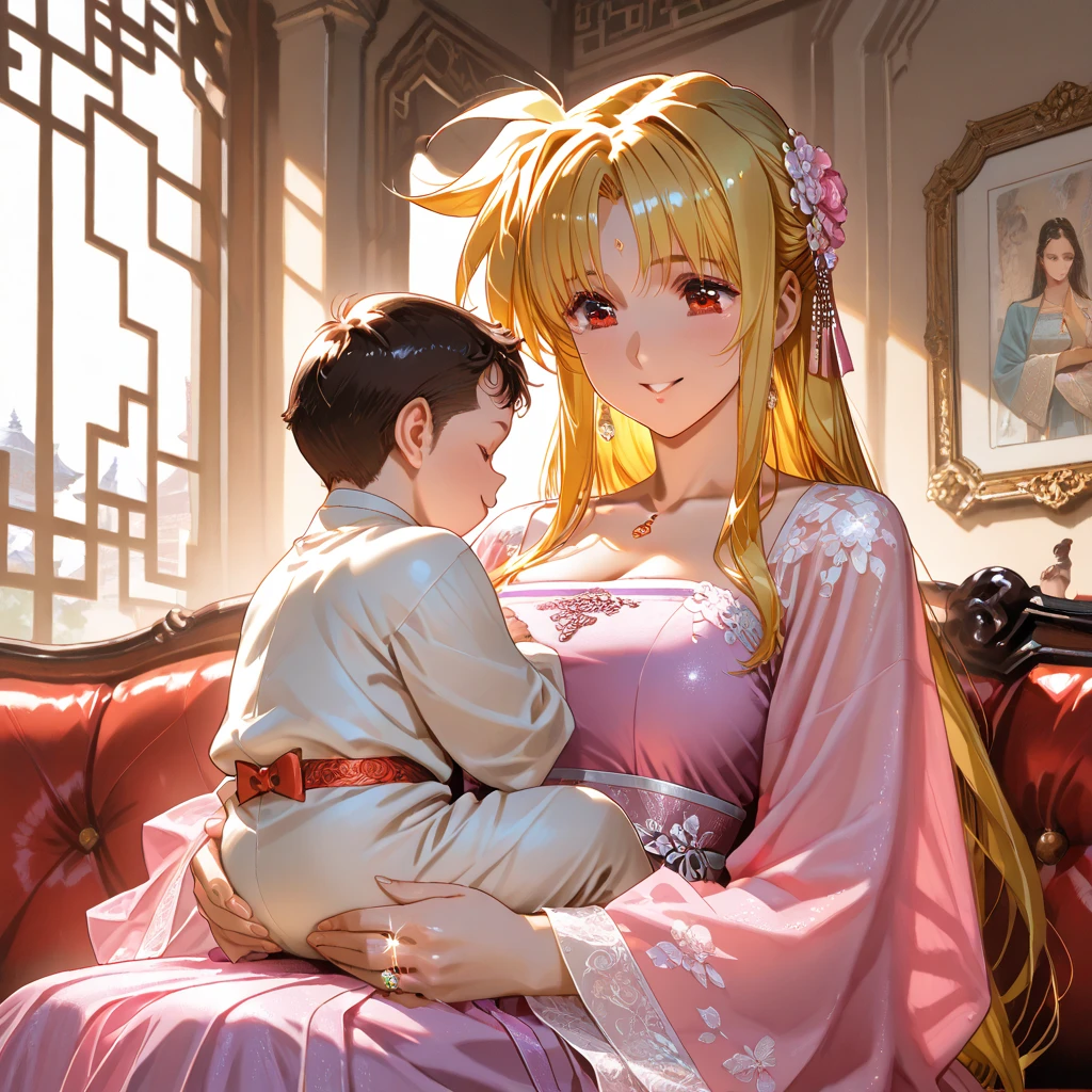 ((Highest quality)), ((masterpiece)), (detailed), （Perfect Face）、The woman is a Chinese girl named Tsukino Usagi, dressed in a gorgeous, glittering red Hanfu outfit with lots of gold embroidery, a gorgeous hair ornament, gorgeous jeweled accessories and an engagement ring. The woman and the man are sitting on a gorgeous, large sofa in a gorgeous room, and the woman is being embraced by a dignified, middle-aged Chinese man dressed in Hanfu, who is touching her breasts and crotch and kissing her.、The woman is the elegant Tsukino Usagi, a Chinese woman with long blonde hair in a chignon twin tail and wearing a red Hanfu with gorgeous gold embroidery all over it.、the woman is pregnant