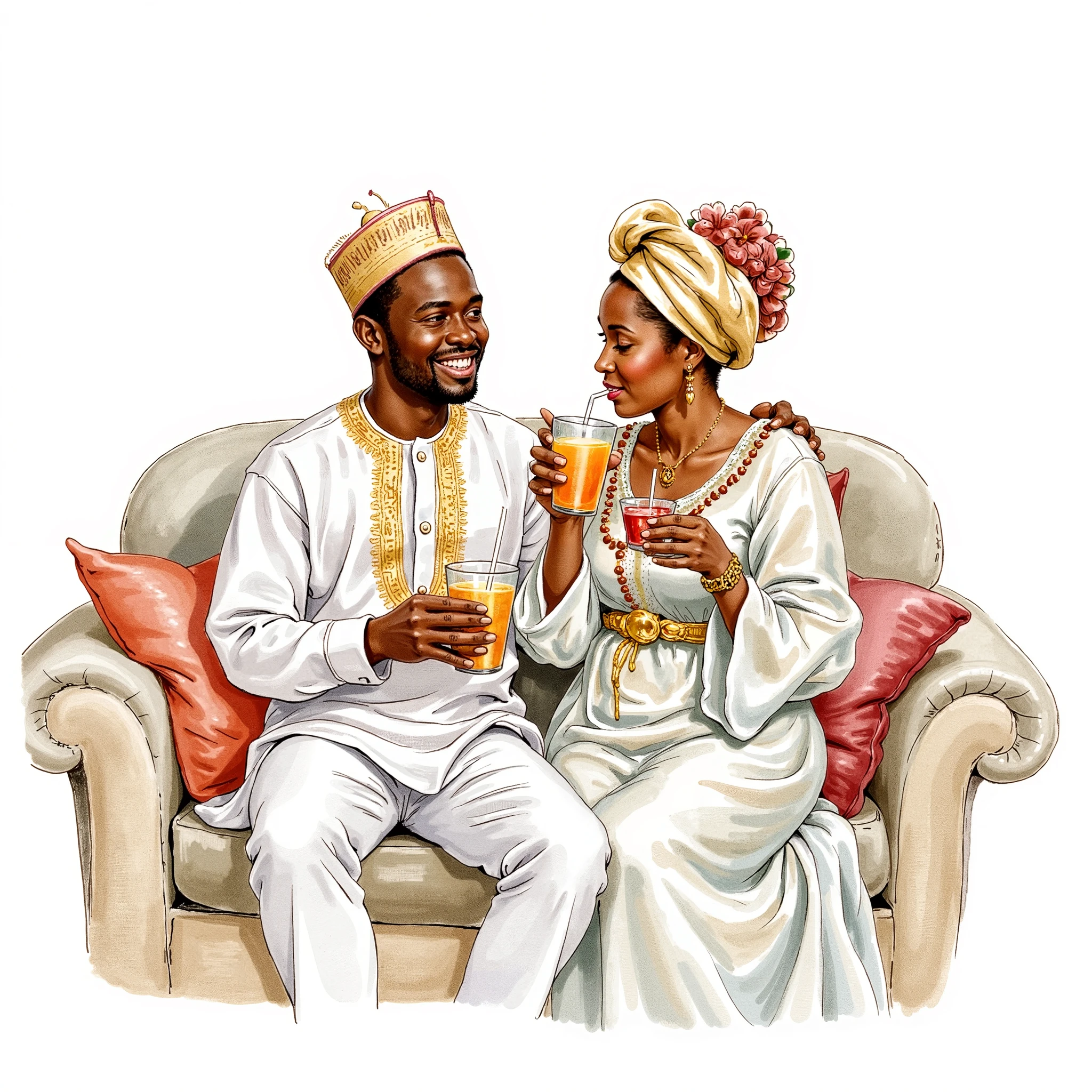 A Nigerian couple seated on the sofa, drinking a fruit juice
Water color illustration, No background