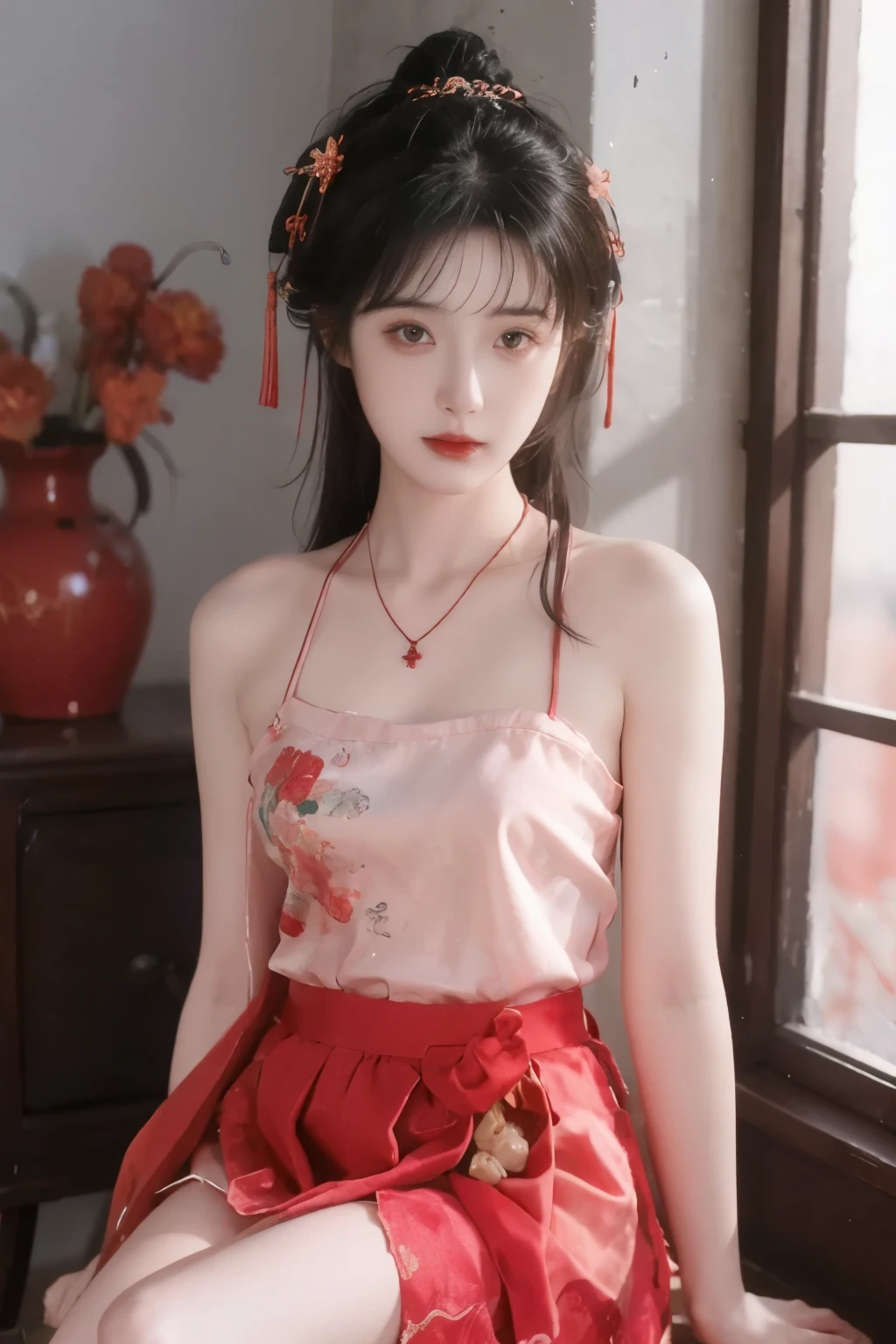is the best quality,  masterpiece, High Aims, 1 girl, Beautiful red Hanfu, Hair   ornaments,  necklace,   ornament, pretty face, When the body, Tyndell effect, Realistic portrait, Dark Studio, Edge lighting, Bicolor Light , (very delicate skin:1.2),  8,000 uhd, DSLR, Soft Light, High quality, Volumetric Lighting, Honest, photo, high resolution, 4K,  8,000, Bokeh, dark hair，PINK HAIR TIPS, pink eyes.1 girl, skirt,  Hair accessories , red skirt, alone,  Chinese clothing ,  long hair, Sitting, bare shoulders, window, brown hair, OK, interior, dark hair,