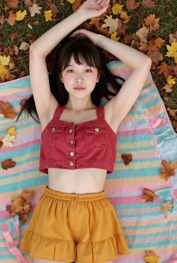 Sweaty、((Hold your crotch with your hands))()Open mouth and ahegao、Butt Emphasis、She spreads her legs to reveal her white polka dot panties、、See through、Turn to me、Realistic、(Long wavy hair 8 year old girl)、Cloom the ground、(Summer camping in the mountains)、(Inside the tent)Butt Emphasis、Lemon yellow tan check shorts、Tight Berry Short Mini Skirt