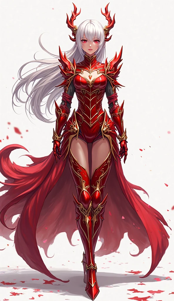 there is a woman in a red dress standing in a field, lady in red armor, red armor, edelgard fire emblem, white haired deity, edelgard from fire emblem, full body xianxia, blood red armor, appears as the fire goddess, silver armor and red clothing, keqing from genshin impact, red aura, crimson attire
