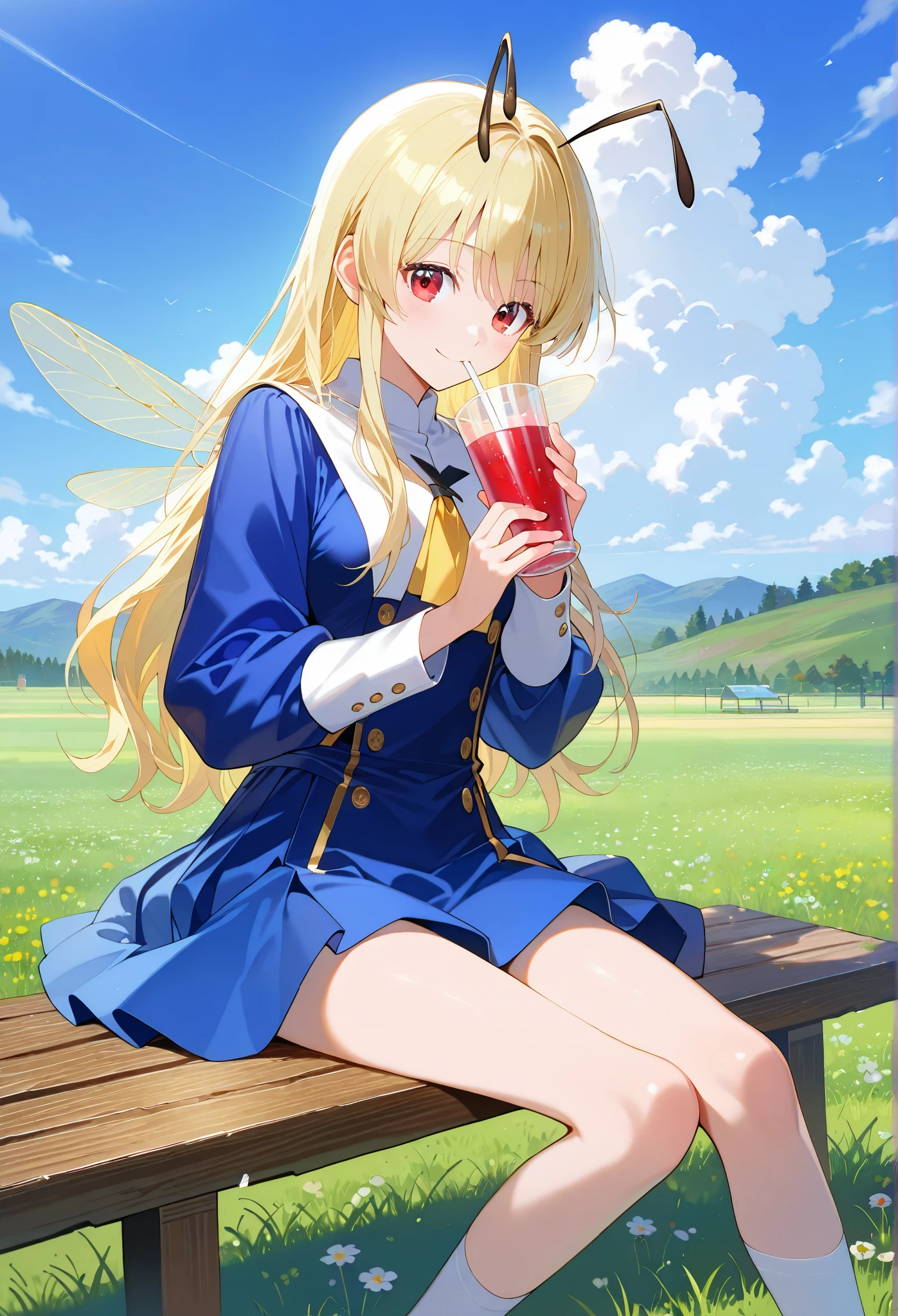 ■構図■She is positioned in the center of the image,
 ■背景■The background features a light-blue sky dotted with fluffy white clouds,grasslands and many flowers,
 ■People■(Beautiful Girl Who Cosplay as a Bee:1.3),(li:0.3),sitting,drinking drink,sitting on Wooden bench
 ■顔■blonde long hair,(detailed blonde eyelashes:1.2),smile,looking at viewer,
 ■Body Type■Skinny,perky breasts,small breasts,
 ■服装■The woman's attire consists of a form-fitting, bright yellow bodysuit with black accents, resembling a stylized bee-like costume.(Exposed thighs:1.1),frilled body suit,military style,Transparent bee wings,bee antenna,bare legs,socks