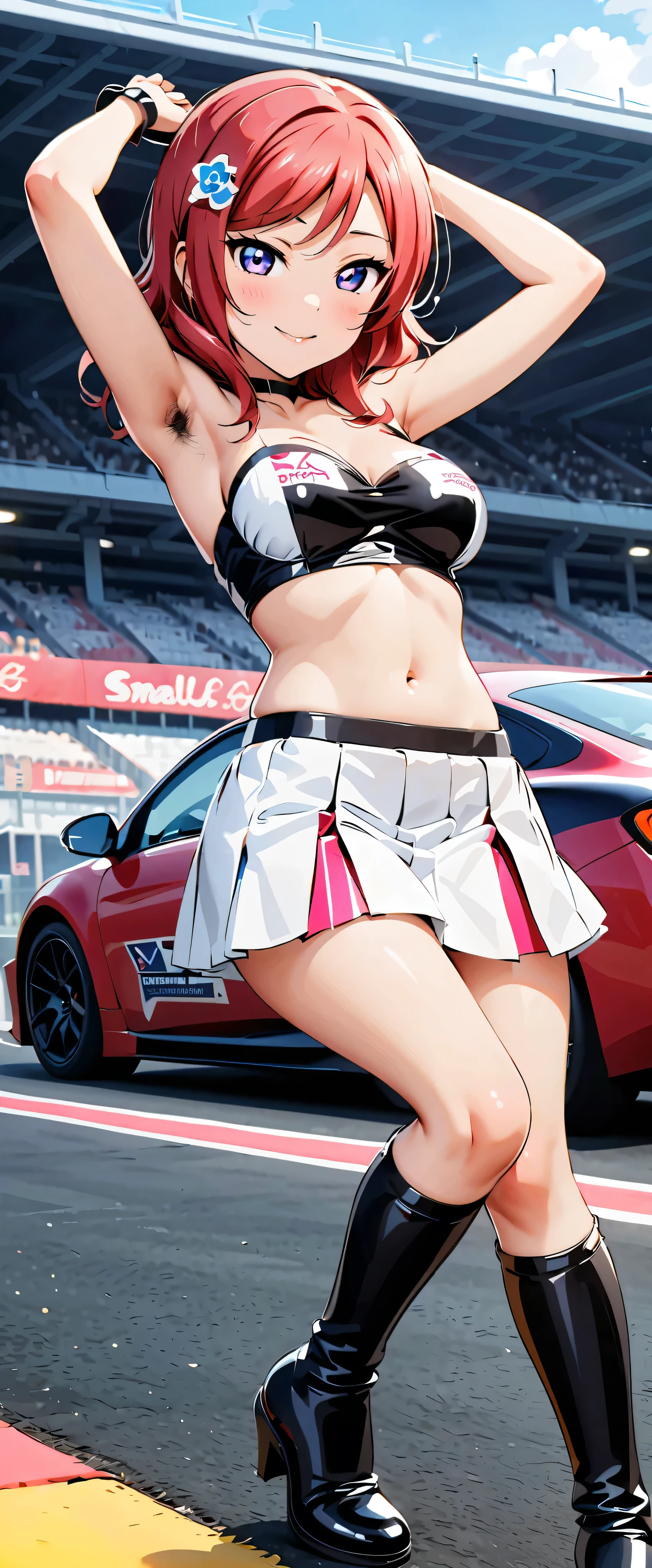 highest quality, Ultra High Resolution, One person, SMALLE BREASTS, black choker, smile, exposes shoulders, focus only , viewers,Fair skin,Car racing track,photon mapping, physically-based rendering, RAW photos , very detailed background, K-pop Idol ,depth of field,hair ornaments close to the garden,detailed face, glowing skin, game cg,full body, shiny micro mini skirt ,shiny micro tube top,shiny knee-high long boots,race queen,Medium breast,Sexy Poses,tall and low sports cars,,Gloss Lip