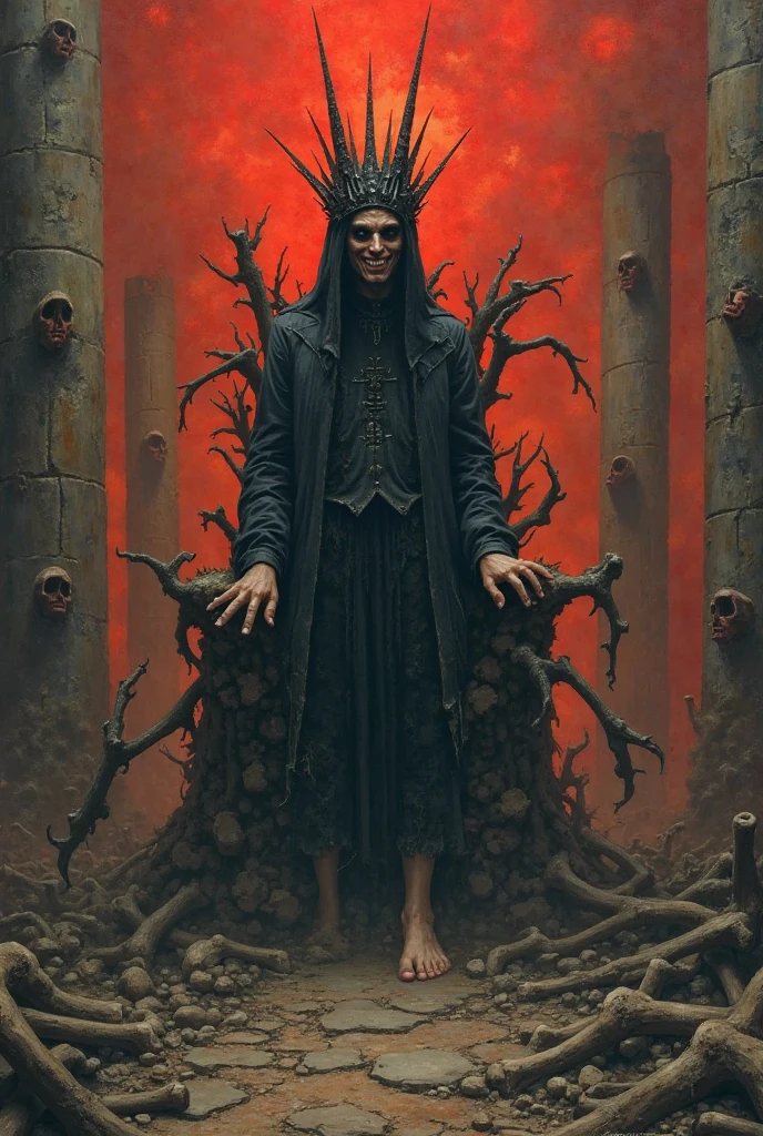half human, ultra realistic, 4k, detailed skin, well detailed face, potrait, cinematic light, cyberpunk indian ??? sitting on a throne, Half mechanical body, ancient civilization, old indian buildings around it, on leg on dead man,