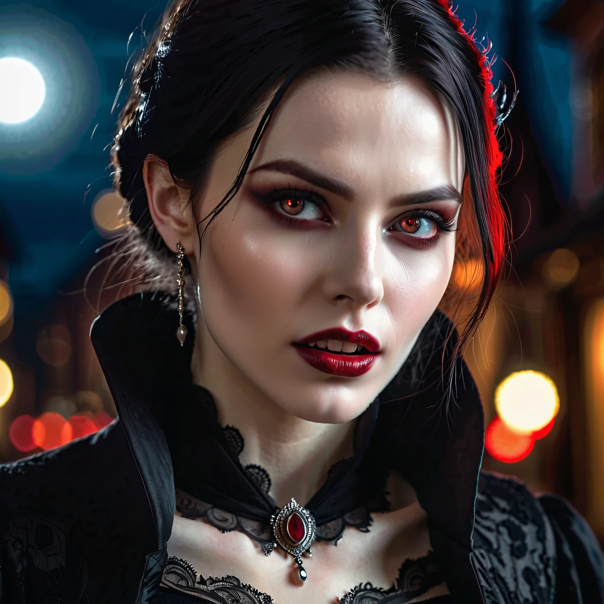Realistic vampire, gothic, pale skin, sharp fangs, intense gaze, blood-red eyes, dark clothing, subtle details, intricate textures, lifelike, moonlit night, eerie atmosphere, photorealistic, hyper-detailed, cinematic shot.