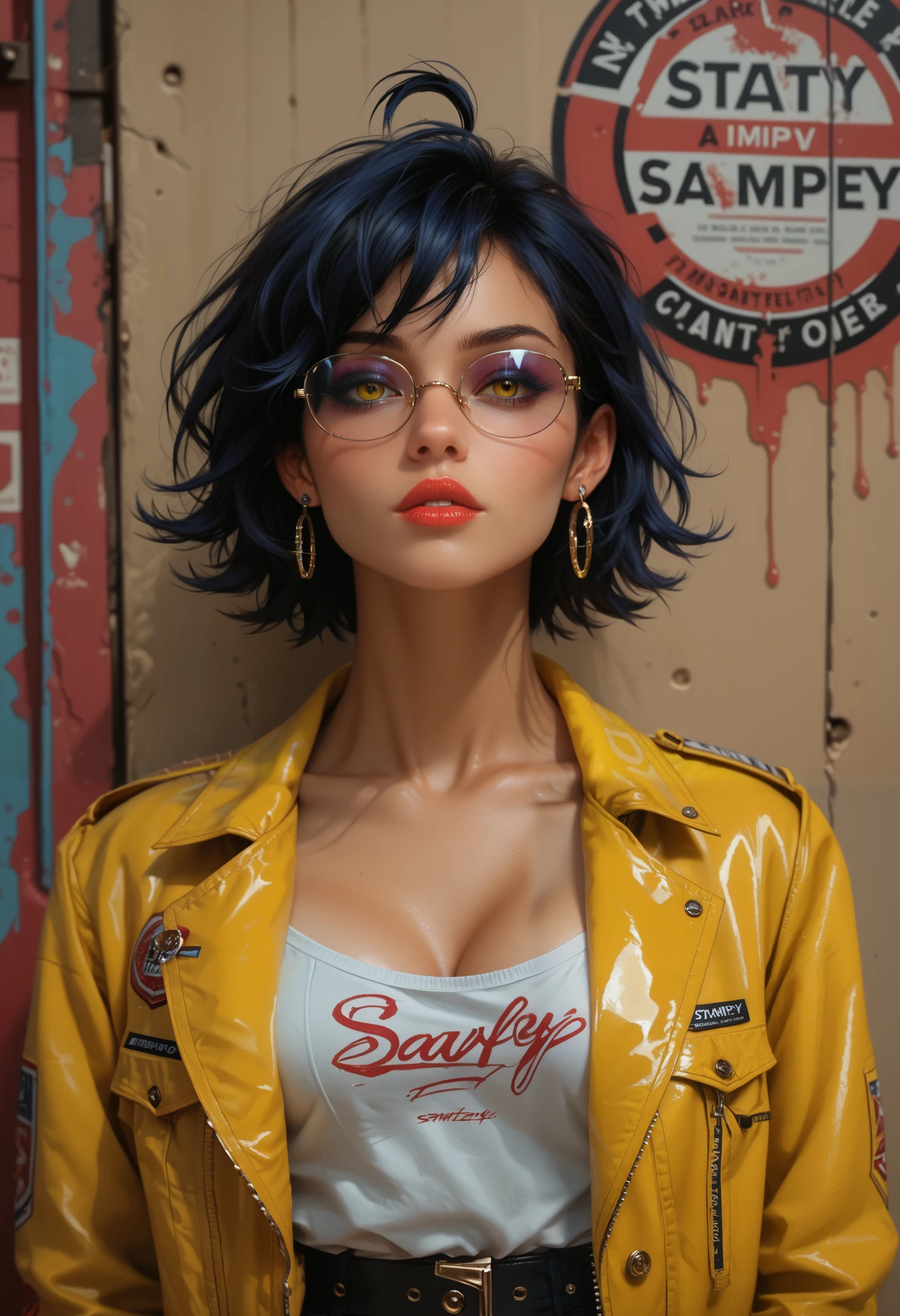 score_9, score_8_up, score_7_up, score_6_up, 8k, high detailed picture, realistic style, masterpiece, very young girl, no panty, perfect big breasts, disheveled hair, mz, ahoge, short hair, blue hair, yellow eyes, glasses, big brightness eyes, 16k, masterpiece, realistic style, perfect fingers, tomboy, circle-glasses, zal, earrings, fishnet legwear, fishnets, jacket on shoulders, jewelry, lipstick, parted lips, makeup, white stiletto heels, reflective transparent iridescent opaque clothing, stay in bookstore, nh, glitch art, dark blue accent, portrait