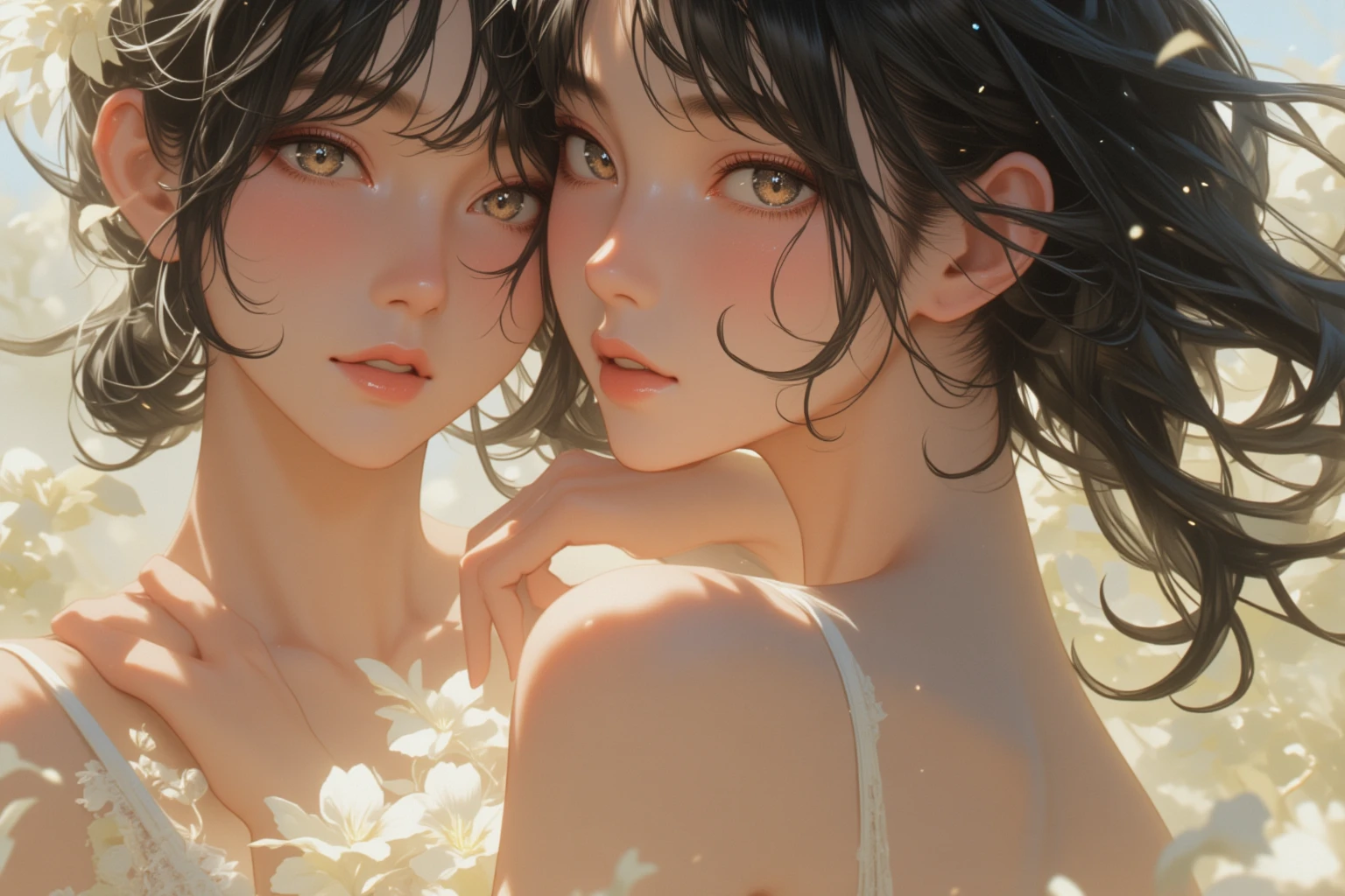nsfw, Masterpiece, top quality, highly detailed, (chiaroscuro style:1.4), (realistic style:0.8), backlighting, two beautiful girls, young beautiful mature lesbian couple,
(Completely naked:1.8),
sweaty bare skin,
(put their faces together and shyly smile at the camera:1.2), upper body shot,
Close-up of their naked bust, at the tropical beach in dark sunset under palm trees,