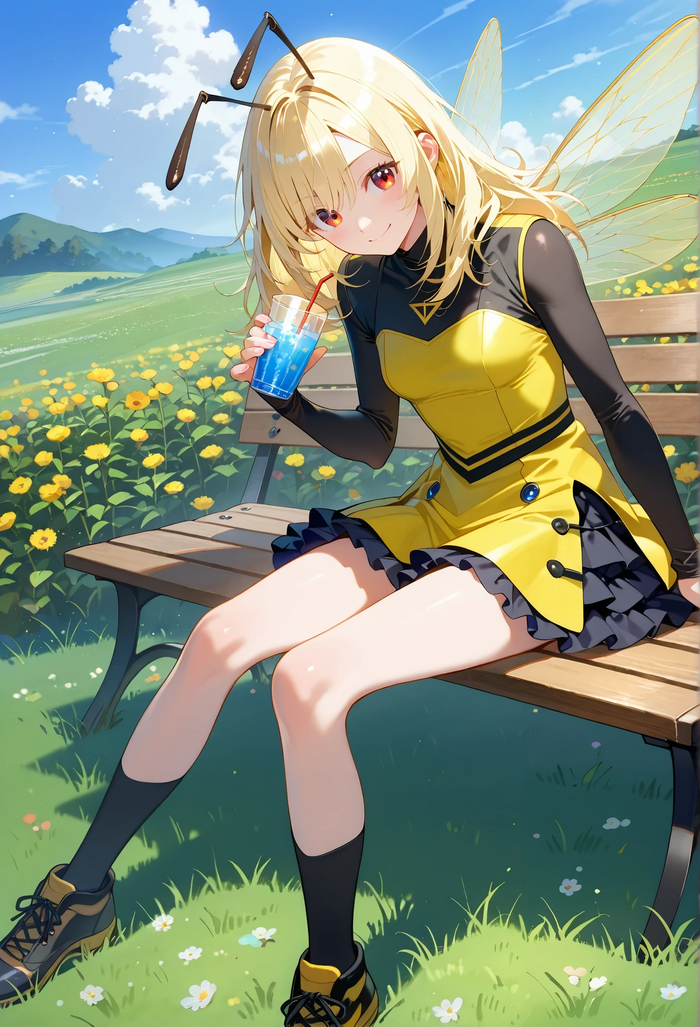 Anime girl sitting on a bench with a drink in her hand - SeaArt AI