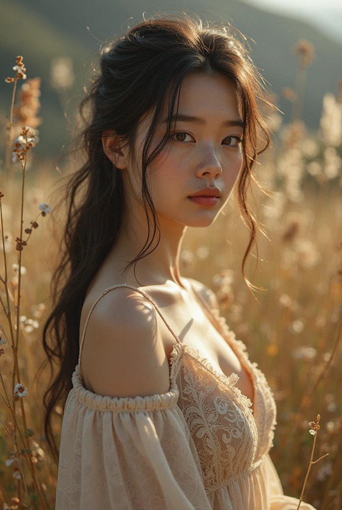 a closeup, ​masterpiece, top-quality, Raw foto, Photorealsitic、unbelievable Ridiculous, beautiful a girl, off shoulder one piece dress、Long hair、large brests、The look of joy when you see your lover again, whom you have not seen in a while、Hair fluttering in the wind、The sun is dazzling, So I raise my hand and squint、grass field、depth of fields, hight resolution, ultra-detailliert, finely detail, ighly detailed, extremely detailed eye and face, Sharp pupils, foco nítido, Cinematic lighting