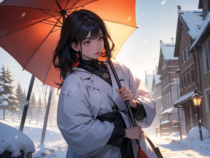 There is a woman walking down a snowy street with an umbrella, Guviz-style artwork, style of anime4 K, Anime style. 8K, Guweiz on ArtStation Pixiv, Guviz, cyberpunk anime girl, Realistic anime 3 D style, Badass anime 8 K, 4K anime wallpaper, Guweiz in Pixiv ArtStation