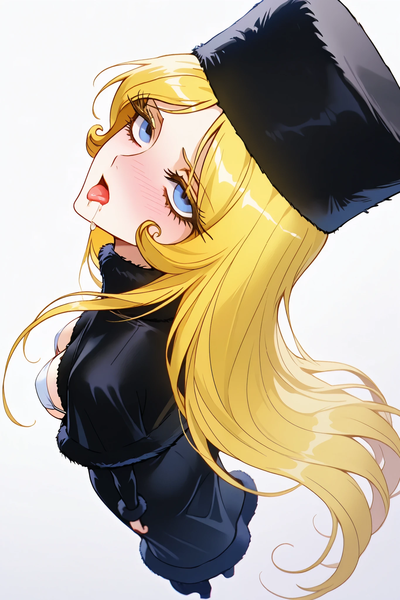China,maetel,1 female,solo,

White background,look up,zoom out,
full body,from side,Look at viewer,

Blonde hair,shiny hair,colored inner hair,part bang,colored inner hair,

blue eyes,beautiful eyes,
big eyes,slant eyes,long eyelashes,
sleeping eyes,

black fur hat (1.3),long boots,
White bikini,Medium breasts,

angry,sad,blushing,drooling,tearful eyes,
rolling eyes,open mouth,tongue out,

Perfect face,beautiful skin,
Anatomically correct,Highest quality,masterpiece,
high image quality