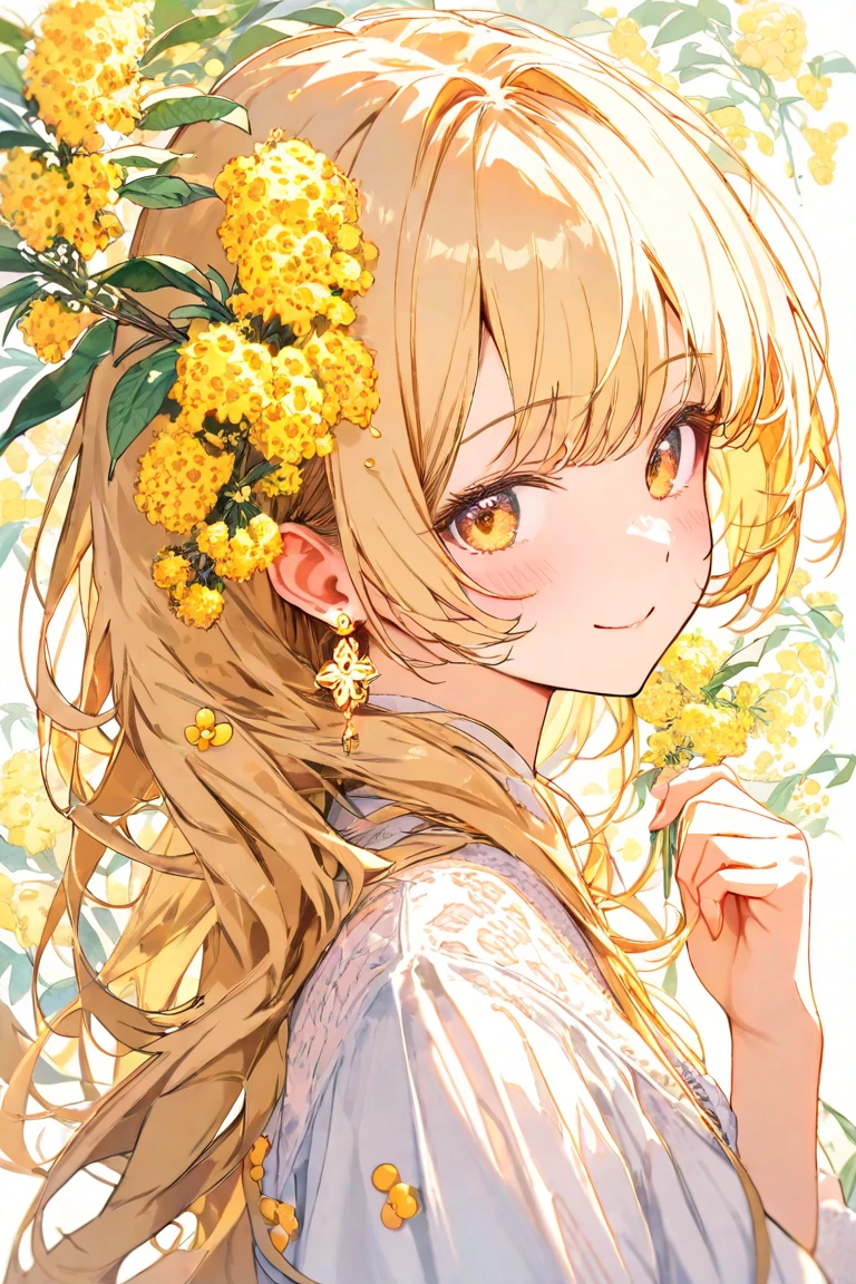 Himari is a hashira. She has long, wavy hair. The color is golden and the tips are orange. Her eyes have eyelashes that form an outline and the color of her eyes is amber, like the sun and sunflowers. She has big breasts. She was beautiful.