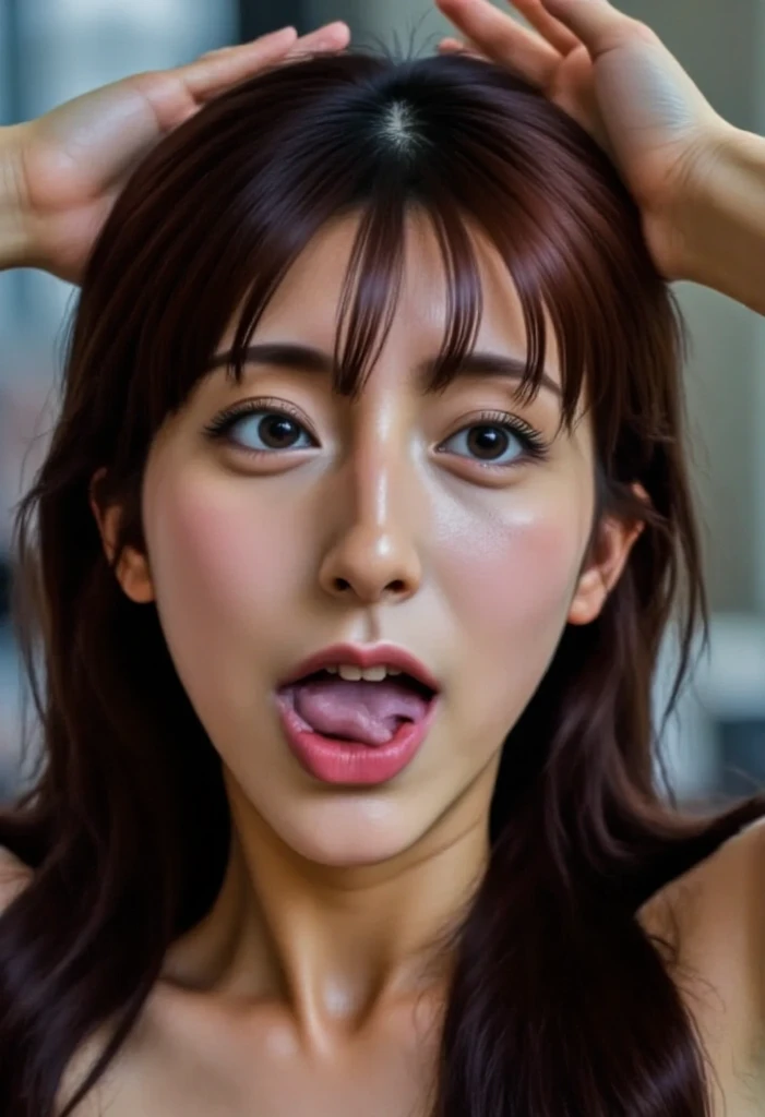 beautiful japanese actress、1 girl,debris flies,,award winning photos, very detailed, focus the eyes clearly, nose and mouth,face focus, super close up of face、woman with open mouth and closed eyes, 20-year-old,black hair、symmetrical face,realistic nostrils、angle from below、elongated C-shaped nostrils,,,,,,,,,,,NSFW,background white、sweaty and shiny skin、skin shining with sweatを強調する照明、((sharp nose))((skin shining with sweat、shiny skin))、sweaty hair、sun'Rays shine、(wrinkles between eyebrows))(long tongue)、deep kiss、((thin eyebrows))oily skin、glistening shining skin、double eyelid、wet and shiny tongue、Beautiful face woman with wet tongue full of foam、beauty of japan、medium hair,roll your eyes、shortcut、T-shirt,