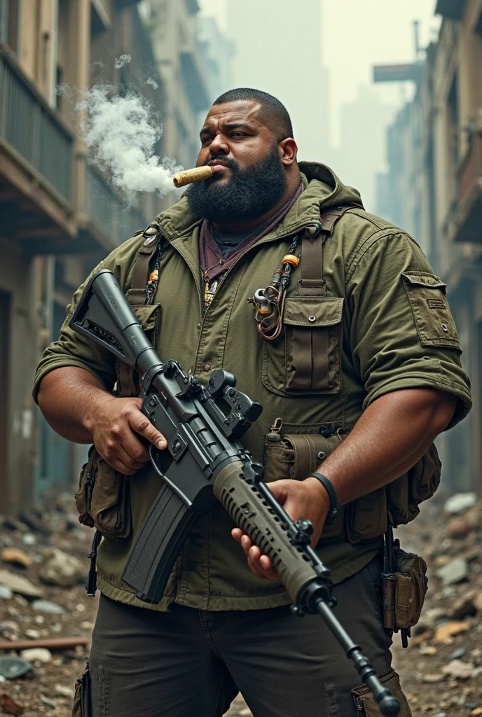 create a bald obese black male survivor with an ak47 in raccon city