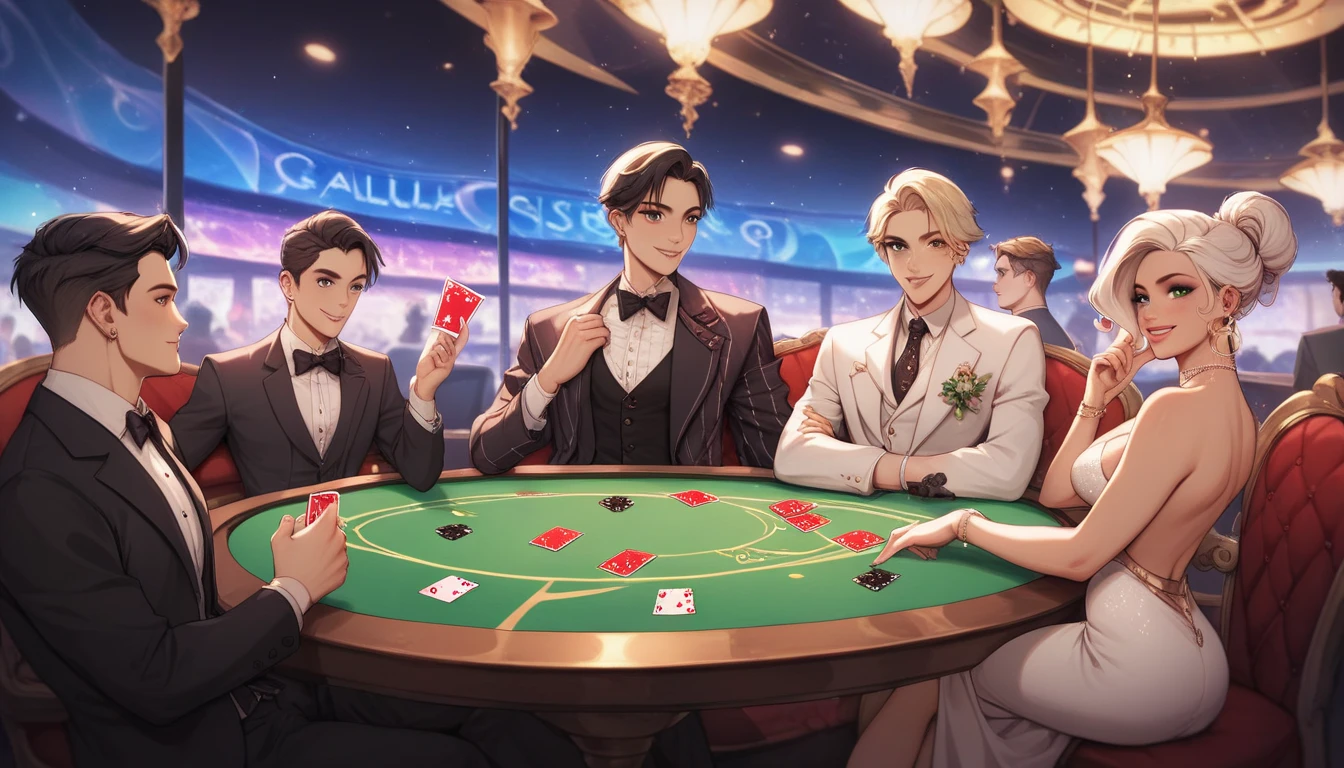 5 friends playing board games, Elegant, men