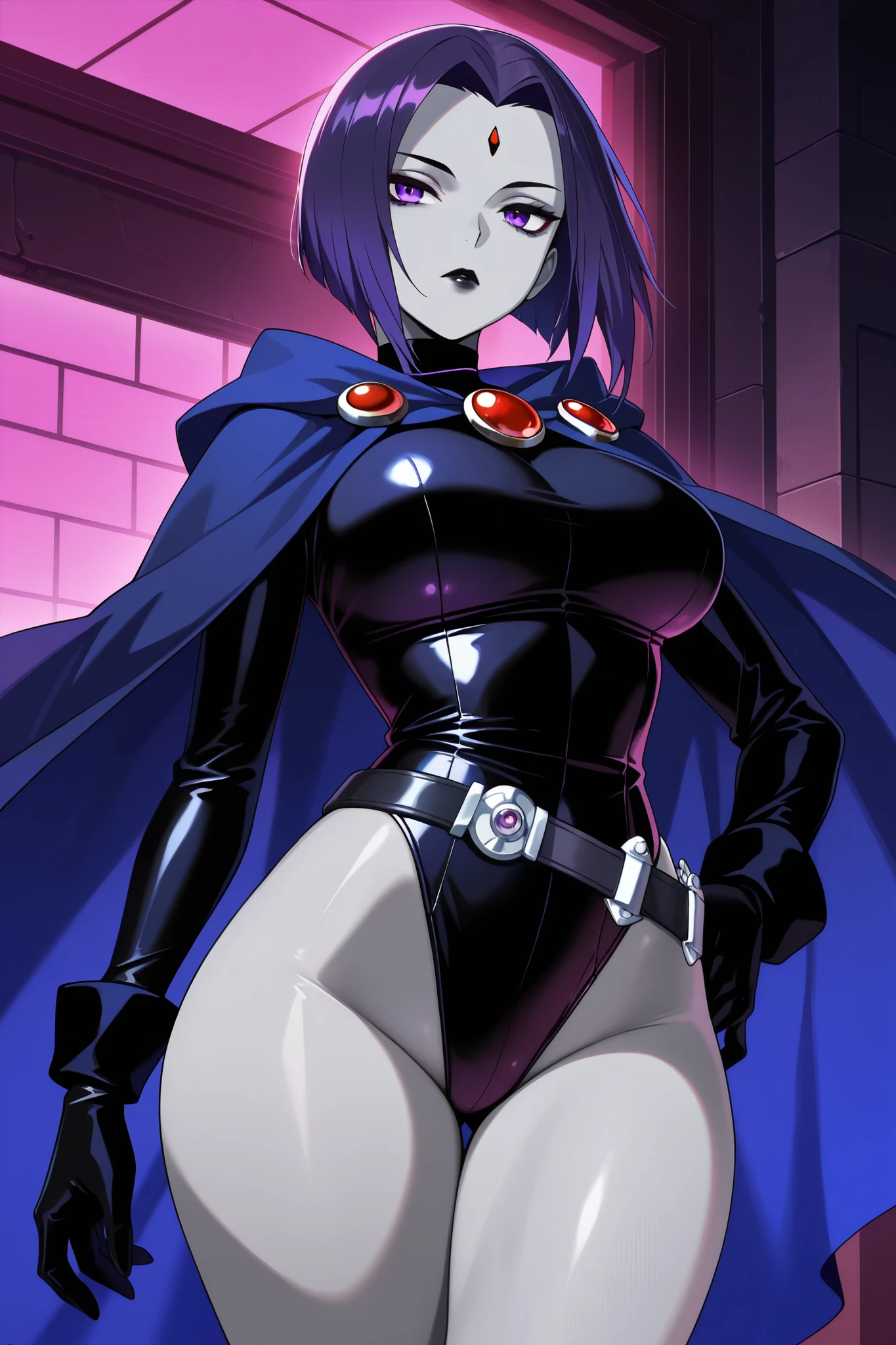 (solo:1.1),(masterpiece), (best quality:1.3),, (ultra detailed), (intricate), professional art, digital art, absurdres, shadraven, (far away view:1.1), 1girl, solo, (grey skin:1.4), dark purple hair, bob hair, dark purple eyes, hips wider than shoulders, pear shaped body, jewellery, detailed thighs, (thick thighs:1.3), red jewel in forehead, jewels, (long sleeved turtleneck leotard:1.4), (Red jewel Belt), (red jewel brooch:1.3), cuffs, small breasts, nipple bulge, (raven long dark purple hooded cape), (Shadraven brooch:1.2), Shadraven jewel belt, Shadraven wearing a long sleeved leotard with a hooded cape and fingerless glovess, (long legs:1.3), ( detailed long thick veiny crotch bulge with veins showing through clothing:1.4), (huge penis bulge), (huge testicle bulge:1.2), (side angle frontal view),(bubble butt) , gluteal crease, universal lighting,(Detailed ass),