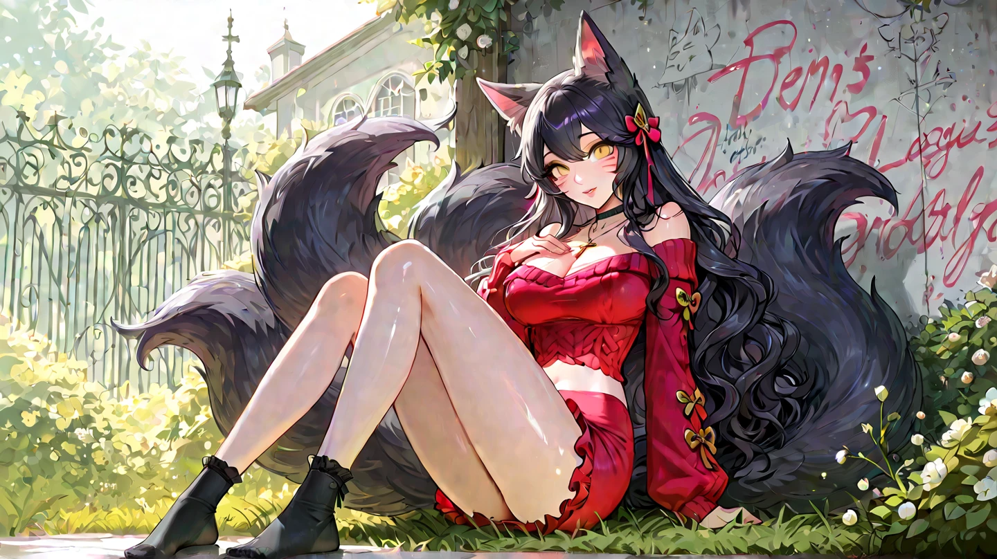 (masterpiece), best quality, expressive eyes, perfect face, fox girl with a ((fluffy tail)), under a cherry blossom tree, colorful body-tight summer dress, red and detailed eyes, cleavage, perfect view angle, portrait effect, exotic body type, expressive tattoos on arm, delicate lighting and shadows