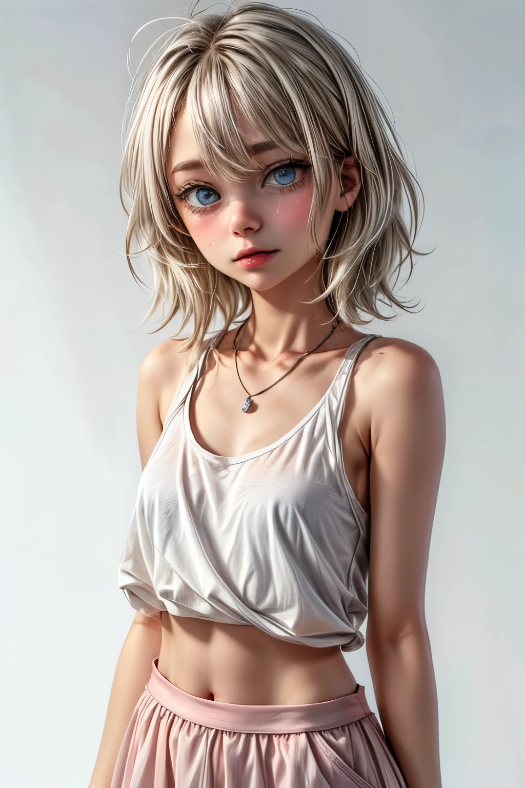 anime style, high resolution, masterpiece, top qualityで最高の, best quality, high image quality during sick leave, High Precision, girl, blonde , blond hair, perfect girl body, cute girl, light blue eyes with attention to detail , detail eyes, short hair, messy hair, pastel rainbow inner hair color mesh, neutral facial features, boy flirty posing, transparent unicorn color I'm wearing a tank top, Jean taking off , pastel pink heart silver necklace, chest, pastel rainbow mini skirt, beautiful long legs , First experience at a love hotel embarrassing、is scared、 almost crying, top quality,