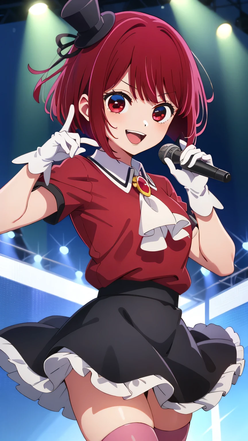 {{{masterpiece}}}, (best quality:1.5), (ultra-detailed:1.5), {illustration}, {{an extremely delicate and beautiful}}, (beautiful detailed eyes:1.6), absurdres, highres, extremely detailed face, 16k, hd, visual anime de uma jovem mulher, extremamente bonito rosto de anime, anime melhor garota, (perfect hands, perfect anatomy), anime face, Arima Kana (Oshi No Ko), aakana, 1gril, solo, cute face, Red hair, very big eyes, short hair, bob hair, bangs, (red eyes:1.5), medium breasts, big hips, curvaceous, BREAK, black mini hat, (red shirt:1.2), short sleeves, frills, black collar, jewelry, brooch, white ascot, pink gloves, black skirt, mini skirt, flared skirt, white petticoat, (red thighhighs:1.2), thighs, zettai ryouiki, BREAK, pointing, pointing at viewer, 1girl, solo, smile, open mouth, one eye closed, pointing, microphone, dancing, jumping, sing, singing, joyful, cute pose, dynamic pose, dynamic angle, indoor, stage, on stage, audience, fluttering skirt