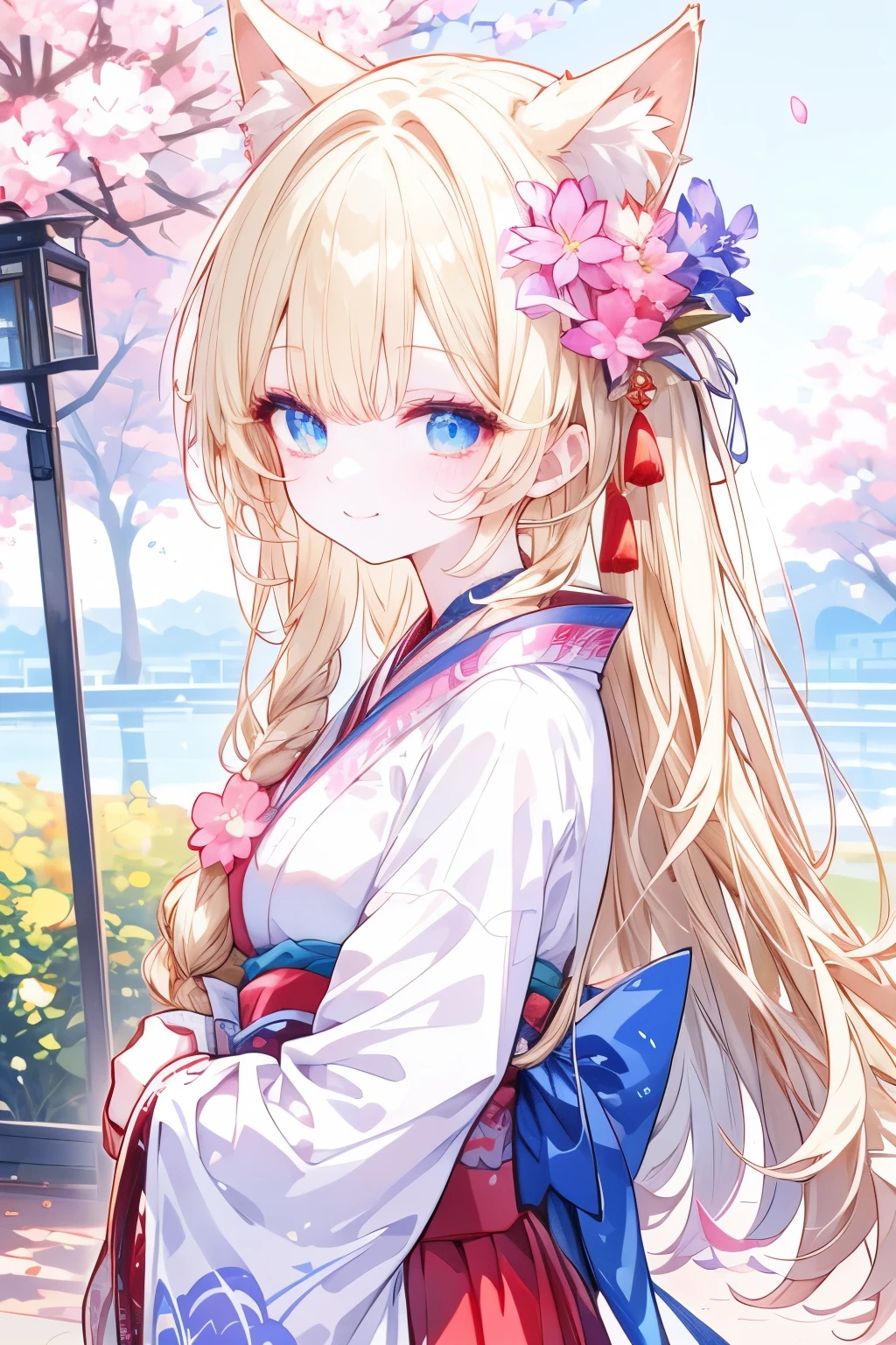 (((masterpiece、best quality、 nothing 、16k))) ( ladies 1)、Amazing cherry blossom blizzard background、Multiple cherry trees、( fox ears、shrine maiden costume、 kimono、Long Blonde Hair、red skirt)、( やわらかなsmile )、standing pictures、 large landscape photography 、(Low angle view focusing on people and cherry trees)、( wide angle view)、( Highlights: 1.1)、(Warm light source: 1.2)、( bright light)、 dreamy 、Personal 、 majestic pictures 、 front view、smile、 anime、 light/dark method、 multiple perspectives、fluorescence、anime、Lens Flare、sparkle:0.7、(very well detailed:1.5)