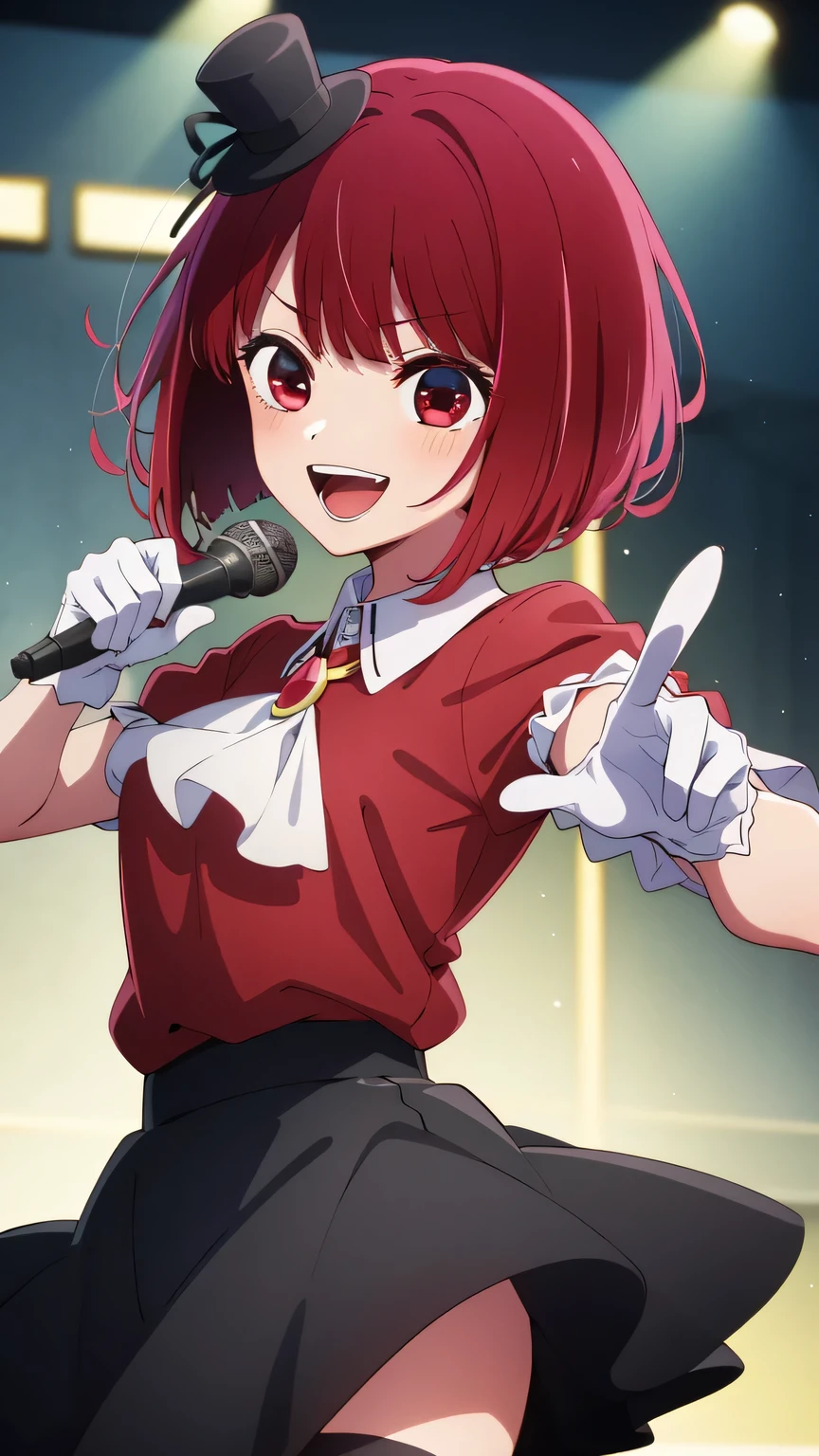{{{masterpiece}}}, (best quality:1.5), (ultra-detailed:1.5), {illustration}, {{an extremely delicate and beautiful}}, (beautiful detailed eyes:1.6), absurdres, highres, extremely detailed face, 16k, hd, visual anime de uma jovem mulher, extremamente bonito rosto de anime, anime melhor garota, (perfect hands, perfect anatomy), anime face, Arima Kana (Oshi No Ko), aakana, 1gril, solo, cute face, Red hair, very big eyes, short hair, bob hair, bangs, (red eyes:1.5), medium breasts, big hips, curvaceous, BREAK, black mini hat, (red shirt:1.2), short sleeves, frills, (black collar:1.5), jewelry, brooch, white ascot, pink gloves, black skirt, mini skirt, flared skirt, white petticoat, (red thighhighs:1.2), thighs, zettai ryouiki, BREAK, pointing, pointing at viewer, 1girl, solo, smile, open mouth, one eye closed, pointing, microphone, dancing, jumping, sing, singing, joyful, cute pose, dynamic pose, dynamic angle, indoor, stage, on stage, audience, fluttering skirt