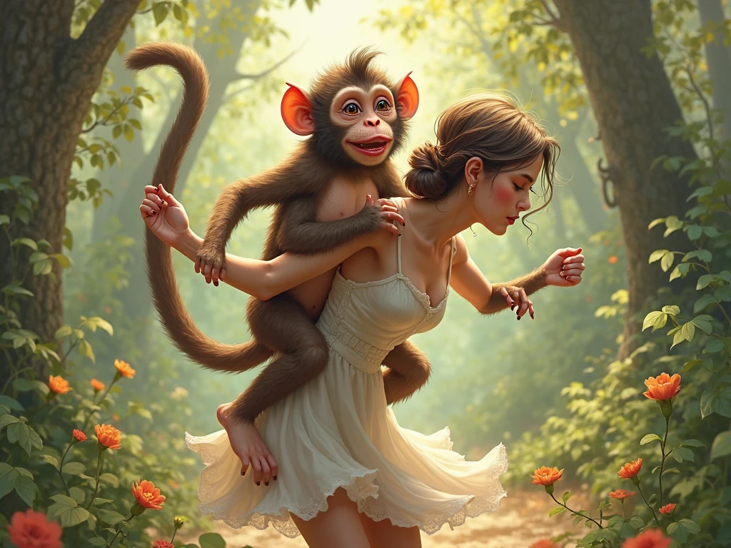 A (((tween holding a monkey and a monkey in her arms,))) Nami from one piece. Wearing micro skirt. ((And her get hugs with Lewd monkey groping her in jungle)).(realistic arts), intricate, (monkey craves her carnally), nipslip, puffy nip, ((monkey grabbing breasts))
