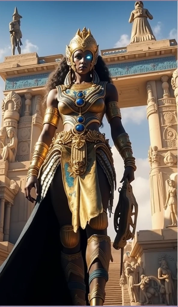 Beautiful sexy black anthro female jackal, black dog collar, big piercing eyes, huge earrings, giant earrings, her long blonde hair falls on her shoulders, black leather high heel boots, high heels, white leather armor, 20 year old girl, against the backdrop of the Palace of the Egyptian Pharaoh, Realism, UHD, retina, masterpiece, accurate, textured skin, super detail, high details, high quality, award winning, best quality, highres, HD