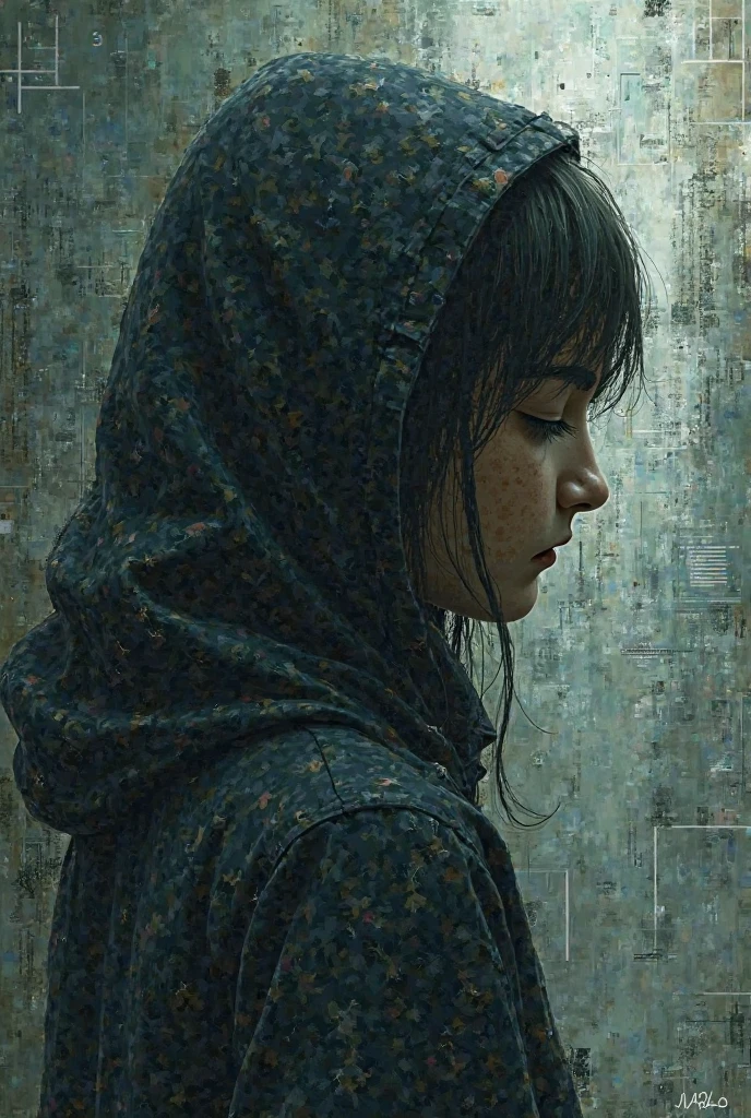 (masterpiece, best quality),
woodblock print collage depicting,tween girl,side view,she is surrounded by cloud and raindrop symbols,detailed face,school-uniform,street,rain coat,typhoon and cyclone and hurricane,colorful, collage art, contemporary artistic collage,
