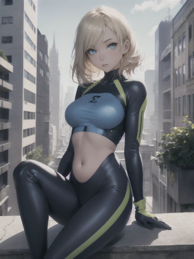 1girl, solo, succubus, demon horns, fangs, from above, upper body, face focus, sitting, leg up, knee to chest, hand to own face, detailed eyes, detailed face, dark blonde hair, Straight Fishtail Braid Bun, blue eyes, (masterpiece, best quality:1.1), (oiled skin:1.2), Skyline horizon, urban development, high-rise structures, transparent roofs, city lights, confused, futuristic clothing, zero-gravity yoga jumpsuit, immersive virtual reality fitness experiences, small breasts, <lora:GoodHands-beta2:0.8>