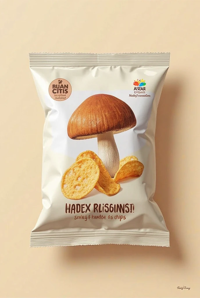 draw a mushroom chips packaging front and back with logo and nutritional facts

make it easy
