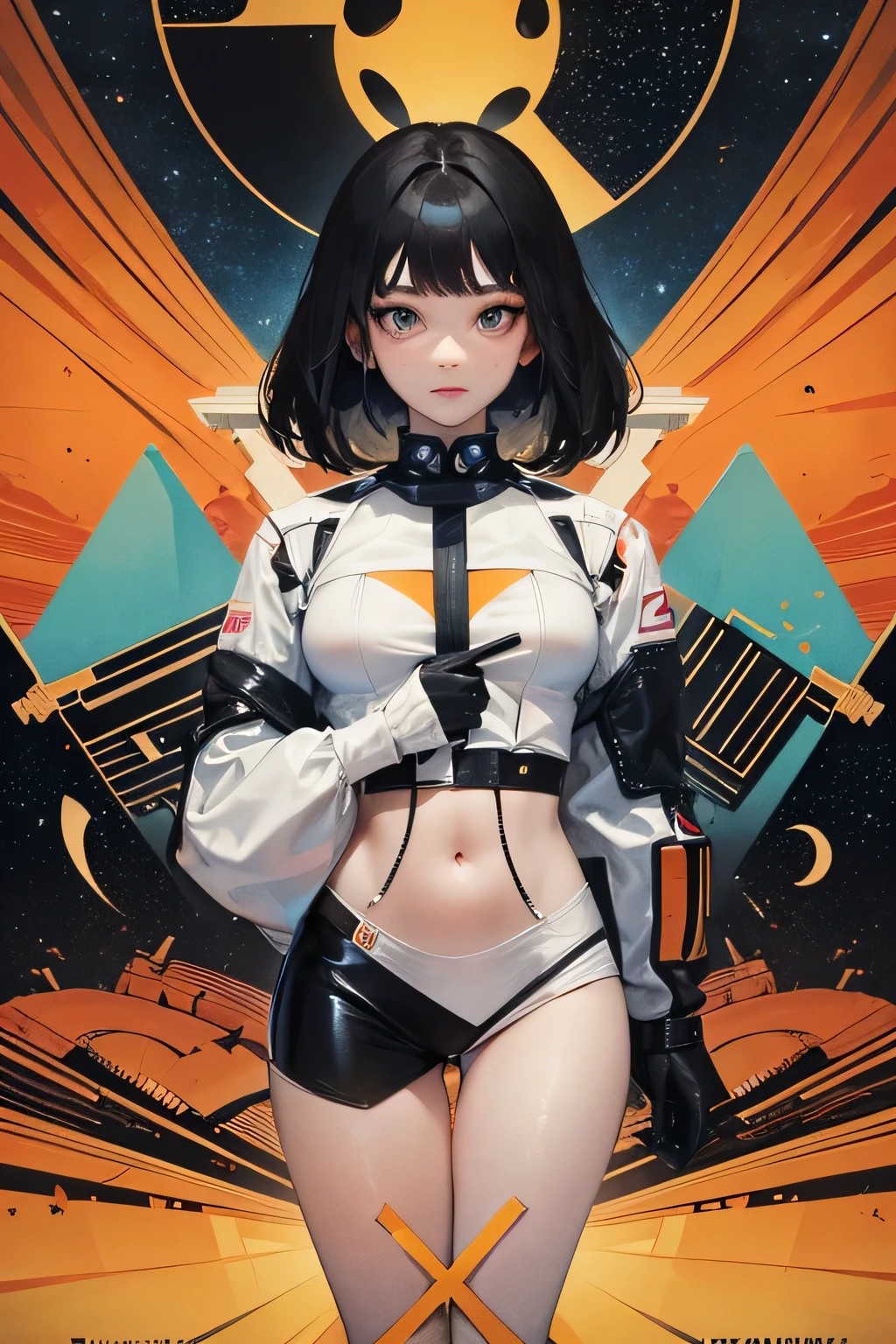 ((best qualityer)), ((work of art)), (detailded: 1.4), (absurdrez), Jennifer Connelly (((fully body))) (((long black hair)))), Clothes with spectacular abstract designs, color explosion, cosmic tattoo, nebula, defined sculptural body, all-body, half thick bare thighs, cloused mouth, white technological swimsuit, neon genesis evangelion style, cyber punk, generous neckline, ((perfect large breasts)), (super clear blue eyes), ((white and orange clothes)), long black eyelashes heavy makeup, garter belt made from barbed wire, for much, private--V5, close to real, pose sexy, fractal background, 2 piece outfit, cake, centred, scale to fit dimensions, HDR (high-range dynamics),ray tracing,nvidia RTX,Super-resolution,Irreal 5, underground dispersal, PBR Texture, Post-processing, Anisotropic filtering, Depth of field, Maximum clarity and sharpness, Multilayer textures, Albedo and Mirror Maps, Surface shading, Accurate simulation of light-material interaction, perfect proportions, octane rendering, two tone lighting, large aperture, Low ISO, White balance, rule of thirds, 8k cru, traje cristiano