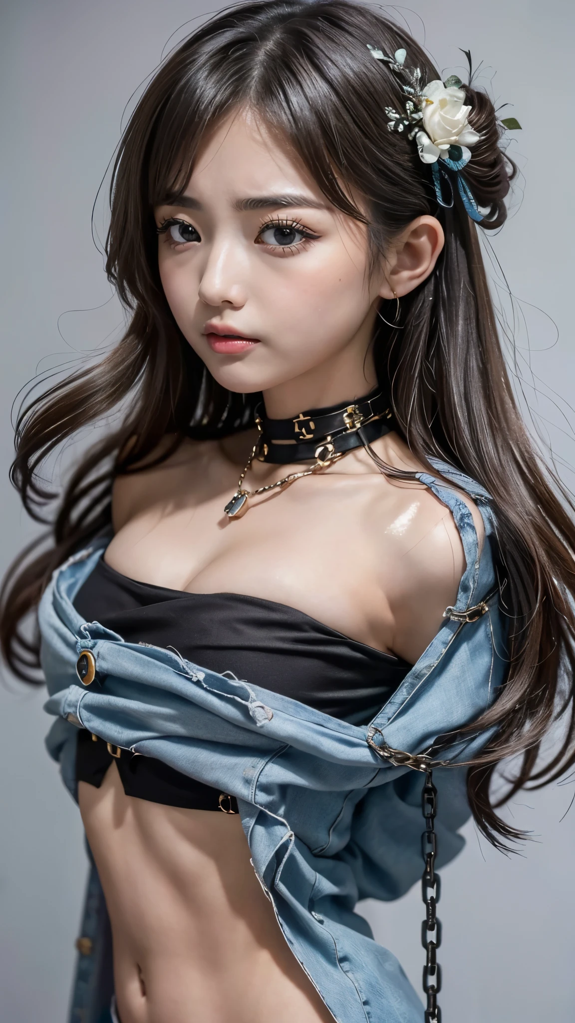 ( Woman in cross at the cross:1.2, ripped black dress:1.32, Public crucifixion),(Baby-faced beautiful girl:1.3, hopeless expression:1.3), Beautiful breasts, masterpiece, slender body line, top quality, 超high resolution, (reality: 1.3)、(high resolution)、(Restrained arms and hands:1.3), Ultra-fine、8k、(Chained arms:1.3)、full body、tights、Daytime in the city, (detailed eyes and face:1.2, professional photography techniques), (Detailed arms:1.3, Perfectly correct arm:1.2)