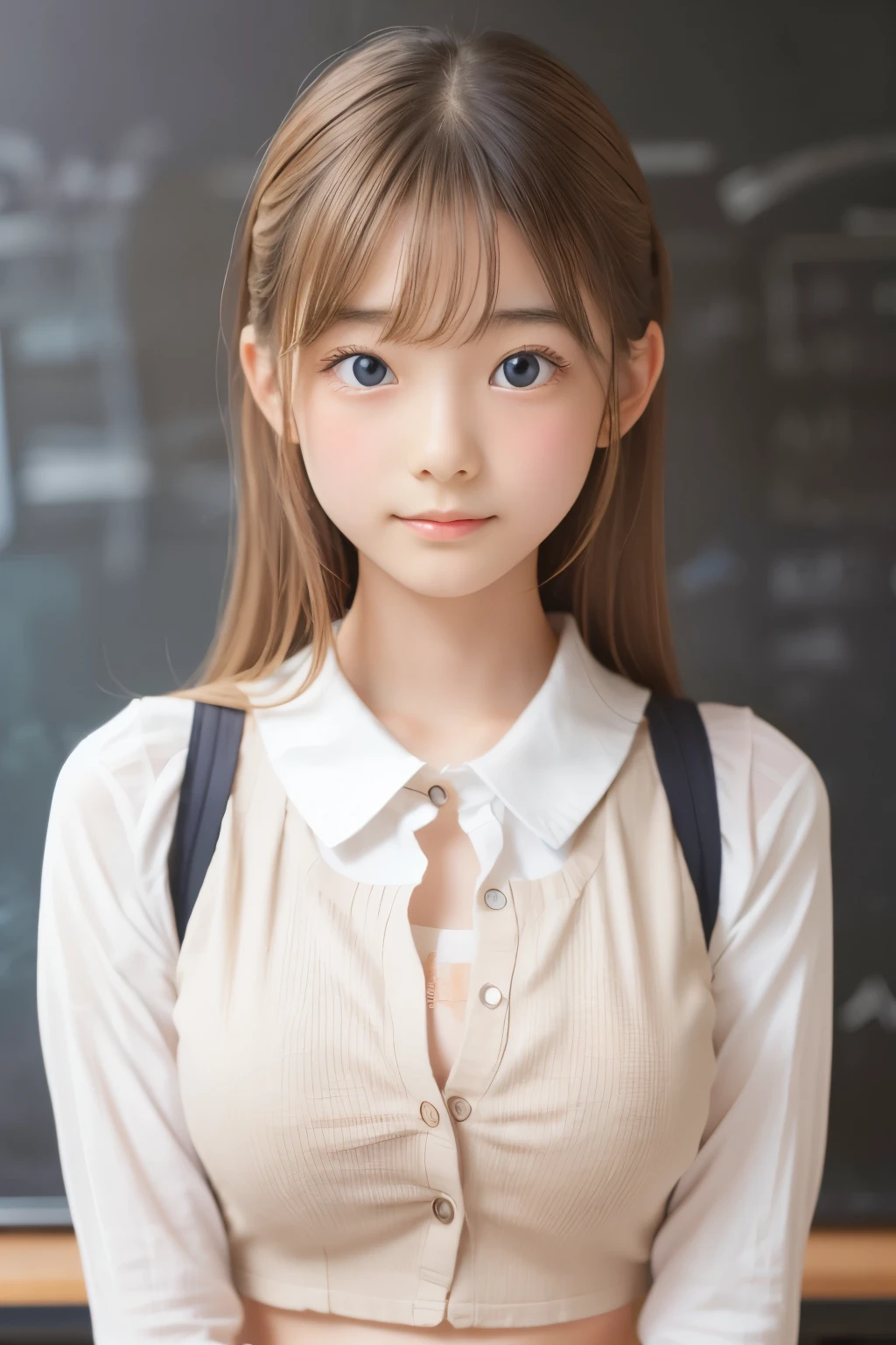 detailed face, A young blonde teacher is standing in front of a blackboard