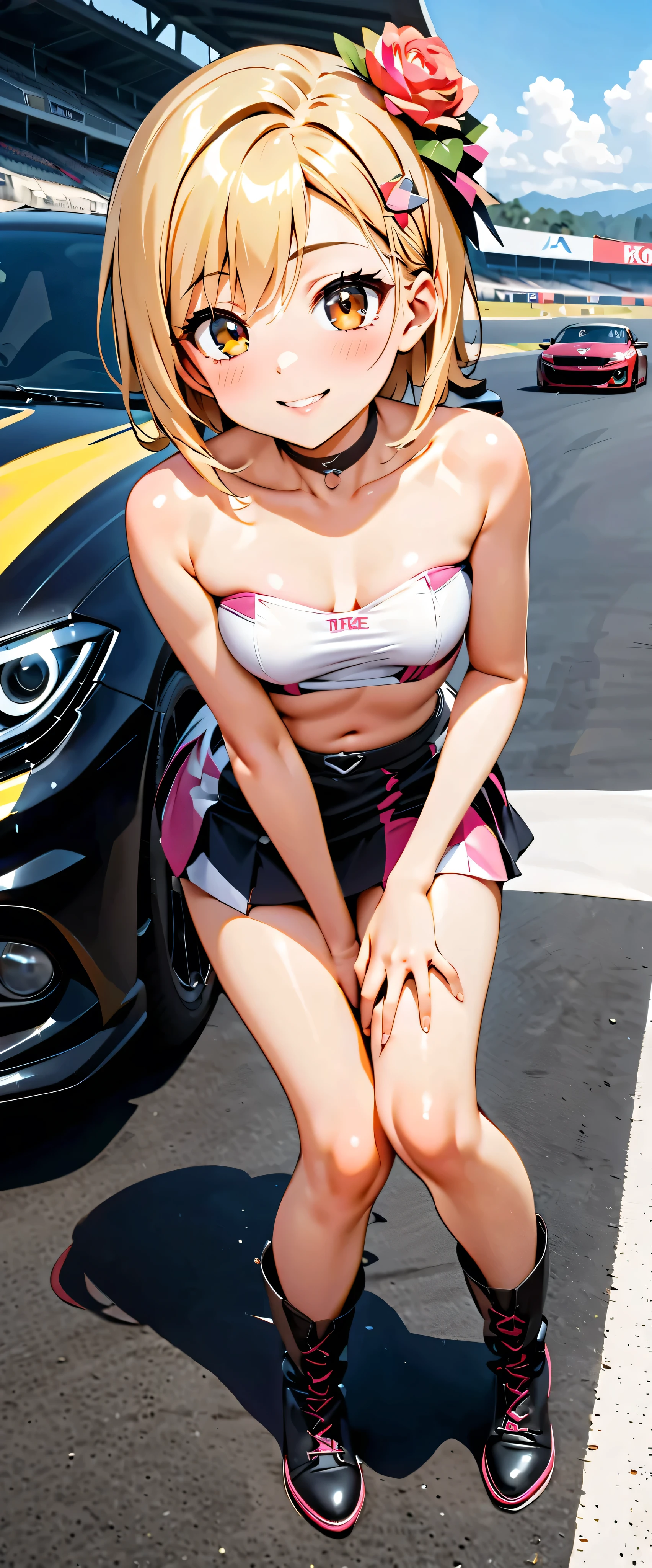 highest quality, Ultra High Resolution, One person, small breasts, black choker, smile, exposes shoulders, focus only , viewers,Fair skin,Car racing track,photon mapping, physics-based rendering, RAW photos , very detailed background, K-pop Idol ,depth of field,hair ornaments close to the garden,detailed face, glowing skin, game cg,full body, shiny micro tight miniskirt,shiny micro tube top,shiny knee-high long boots,race queen,Sexy Poses,holding a flag,Gloss Lip,Mizuki
