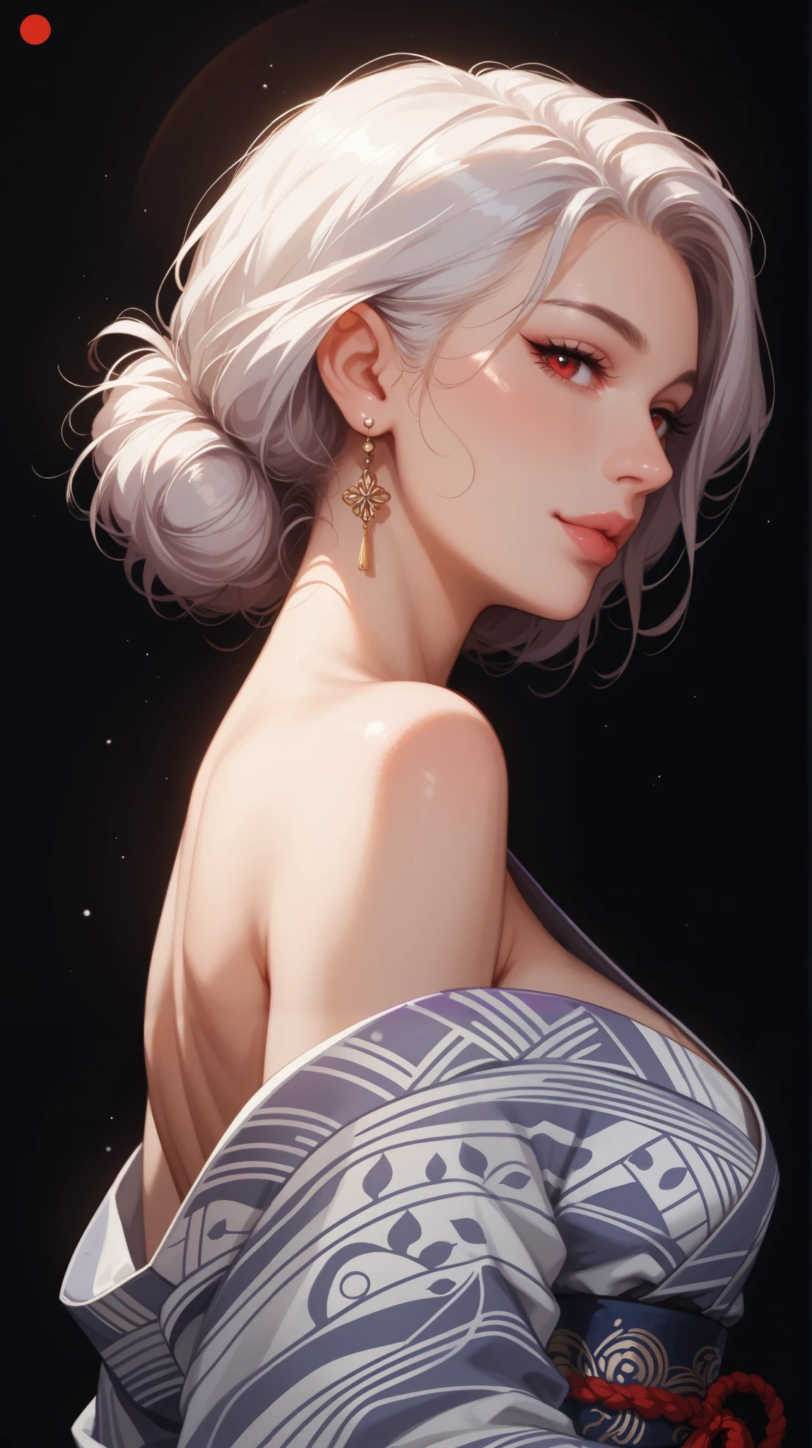 A mature woman around 35 years old with short white hair and striking red eyes, wearing a traditional Japanese yukata in soft pastel tones with delicate sakura patterns. She is posed with a graceful, upright posture, her head slightly tilted to the side, and her red eyes gazing gently off-camera, exuding refined elegance.
Captured with an 85mm f/1.8 lens for a soft, flattering depth of field, the lighting is moody yet subtle, using a single soft light source from the side, casting delicate shadows that sculpt her face and enhance her sophisticated beauty. The background is dark and blurred with hints of soft pink and purple tones, creating a contrast that highlights her ethereal presence. The color palette consists of muted pastels, soft whites, and gentle warm tones to reflect her elegant and serene nature."