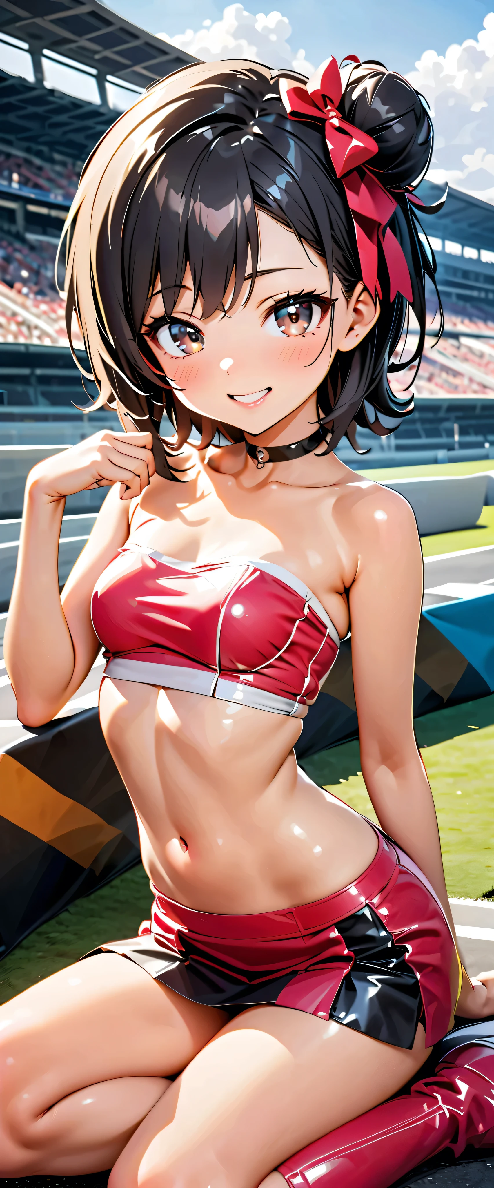 highest quality, Ultra High Resolution, One person, small breasts, black choker, smile, exposes shoulders, focus only , viewers,Fair skin,Car racing track,photon mapping, physics-based rendering, RAW photos , very detailed background, K-pop Idol ,depth of field,hair ornaments close to the garden,detailed face, glowing skin, game cg,full body, shiny micro tight miniskirt,shiny micro tube top,shiny knee-high long boots,race queen,Sexy Poses,holding a flag,Gloss Lip,Mizuki