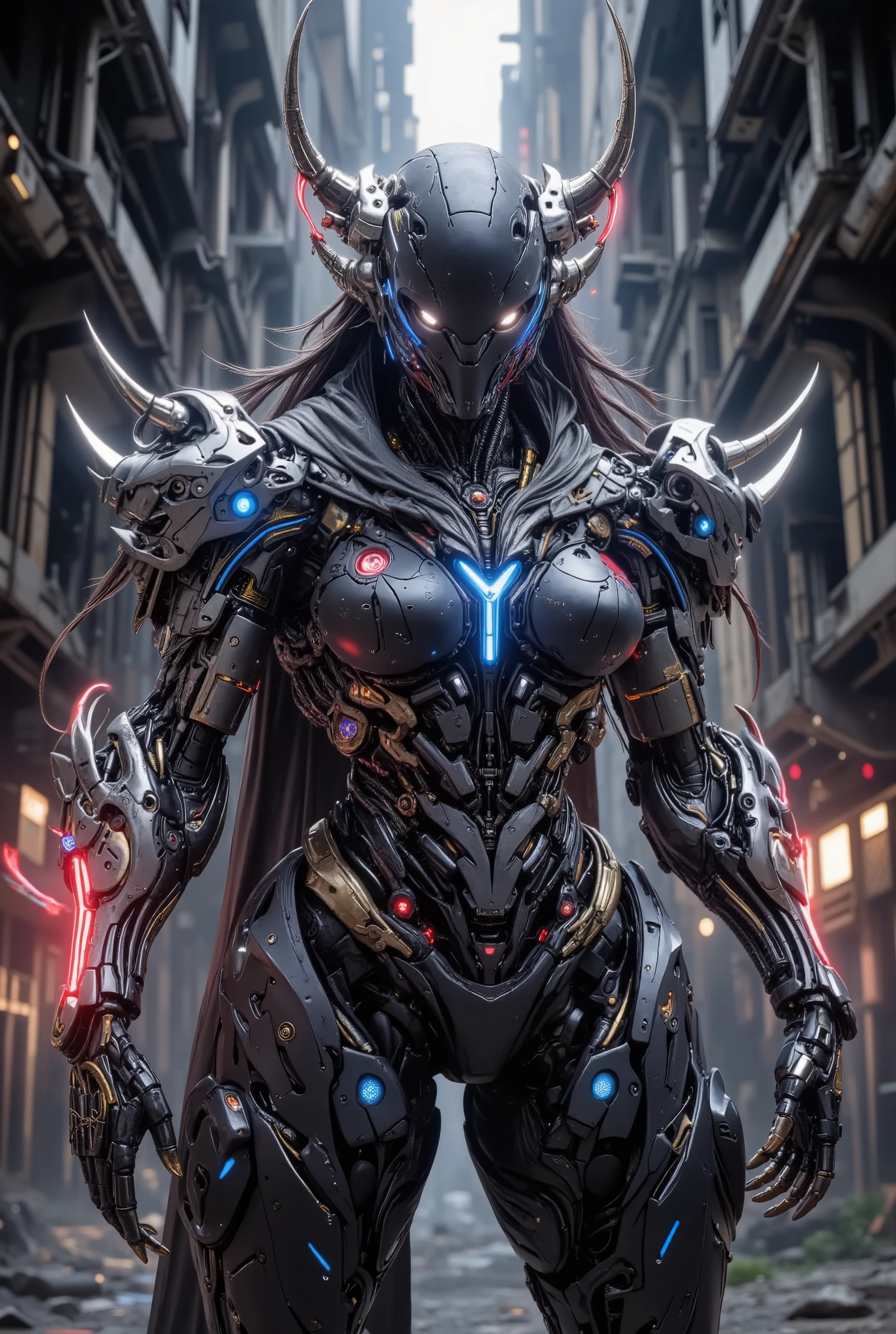 (( Best Quality)), ( great piece, high quality, High Definition, Realistic Image, photography, Details, no facial tattoo ), 1 Female Demon Warrior , between 30 and 36 years old , 8k_ wallpaper , extremely Details eyes, (Large Digital Art), ( Detailsที่ซับซ้อน:1.3 ), (ultra- Details:1.3), (sharp focus:1.3), ( natural light:1.05), (colorful:1.3), ( Best Quality:1.4), HDR, Studio light , , has electric currents and flames all over the body , Details face, ,, ((Modern-style hair )), (Red glowing neon pattern), {{light Neon blue}}, ({, shiny chrome, smooth}), (huge breasts), ( wider scope :2.4), big wide ass, , , , strong and strong arm muscles, ,. She was wearing a heavy, black, blue, black fantasy space nano-armor in the form of a crow.,Large mechanical arm,Wearing a blue glass mask with a crown, , a long shawl, a checkered, white-gold checkered pattern, ten long horns, pointed ends sparkles., She stood in a wide armour, cyberpunk , Futurism , unsurpassed reality , hyperrealism , movies,, ,