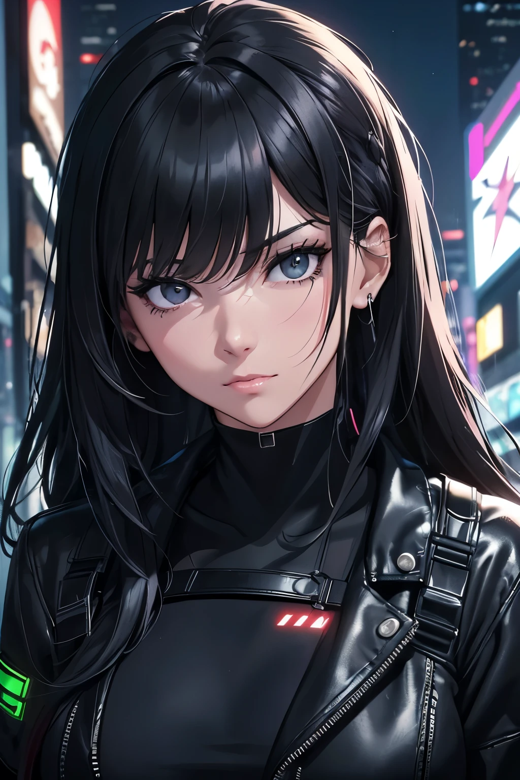 a beautiful adult woman, age group 30 years , black eyes with long hair tied with bangs, open in front , black eyes matching short black dress shirt , tactical style , in a nighttime setting , with neon gloves cyberpunk, ,looking at the viewer ((1.2)) (( pretty face)) (( masterpiece)) (( extremely detailed )) ((Only face))
