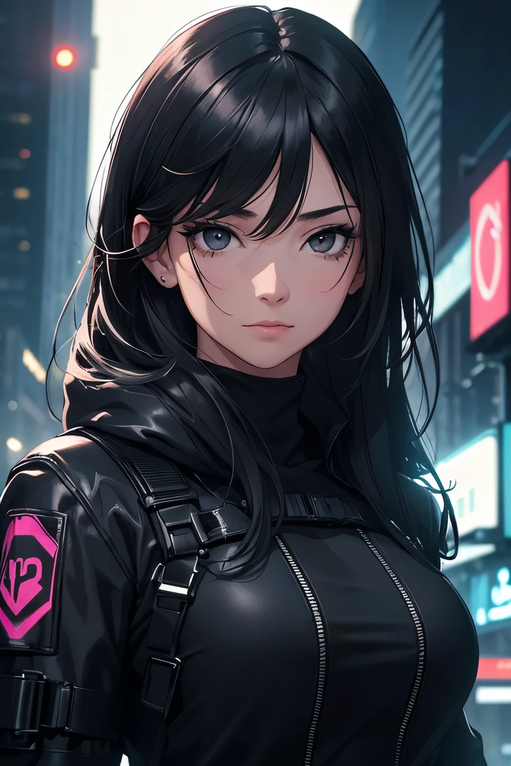 a beautiful adult woman, age group 30 years , black eyes with long hair tied with bangs, open in front , black eyes matching short black dress shirt , tactical style , in a nighttime setting , with neon gloves cyberpunk, ,looking at the viewer ((1.2)) (( pretty face)) (( masterpiece)) (( extremely detailed )) ((Only face))