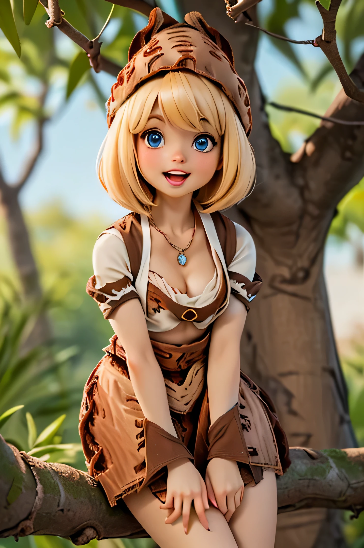 ((Very tiny cute hyperrealistic girl)), ((())), (((red cap))), (((round face))), (((blond hair))), (((blue eyes))), ((very tiny breast)), ((very tiny body:1.9)), (((medium hair))), ((((relm arrowny:1.6)))), ((open mouth)), ((cute big lips)), ((close-up)), ((necklace)), (((smooth arms and legs))), (((short red ellbow sleeves)), ((cute smile)), ((very small arms and legs)), ((())), ((())), ((((red tunic)))), ((midriff peek)), (((cleavage))), ((jungle)), ((holding diamond)), ((bending over)), ((high in a tree)), ((((relm arrowny outfit:1.6)))), ((young looking)))