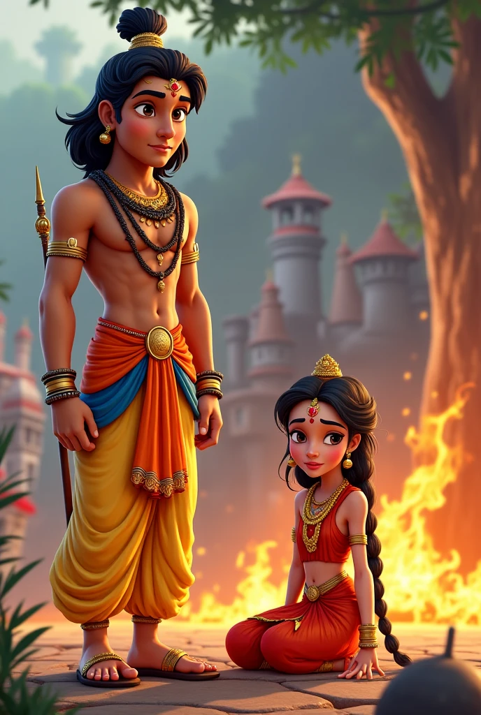 In cinematic 3d cartoon style "रामायण में एक रोचक घटना तब होती है जब हनुमान जी सीता माता की खोज में लंका जाते हैं। वे विशालकाय रूप धारण कर अशोक वाटिका में सीता को ढूंढते हैं और उन्हें राम की अंगूठी देते हैं। सीता को राम का संदेश मिलते ही उनके चेहरे पर खुशी आ जाती है।"
