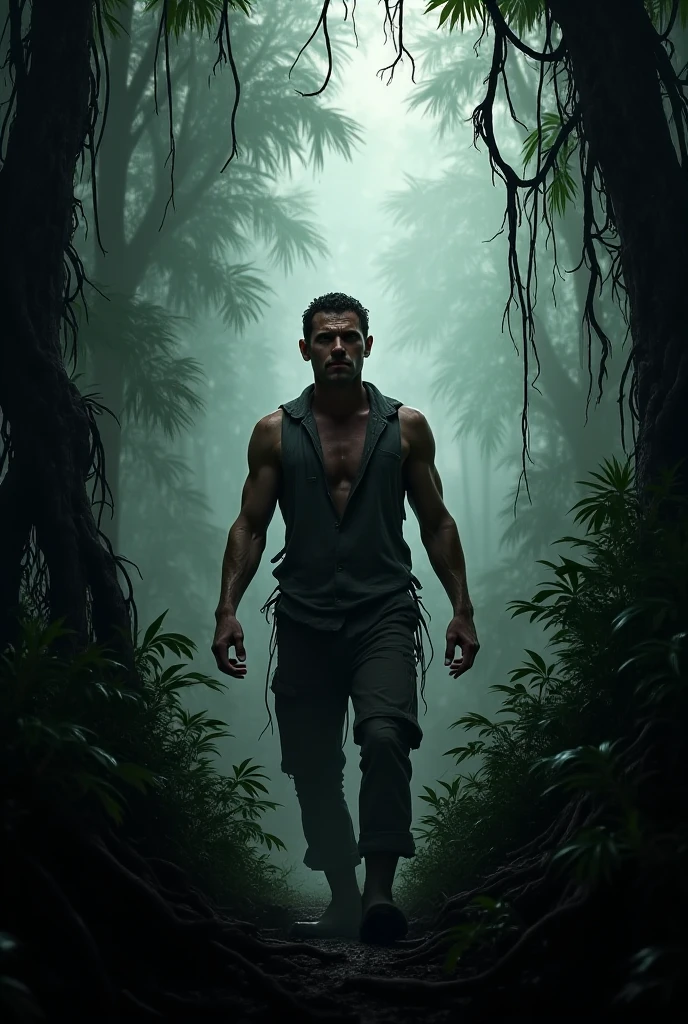 Kofi,30 years old, handsome, with short hair and a fair-skinned man, walks alone into a dense, shadowy jungle. Tall trees with thick vines twist and turn, blocking out much of the sunlight. The mood is tense but adventurous. Kofi’s expression shows determination mixed with slight anxiety. The ground is uneven with roots and small rocks. A path leads deeper into the unknown, hinting at dangers ahead. The jungle is alive with mysterious eyes glowing faintly in the shadows.