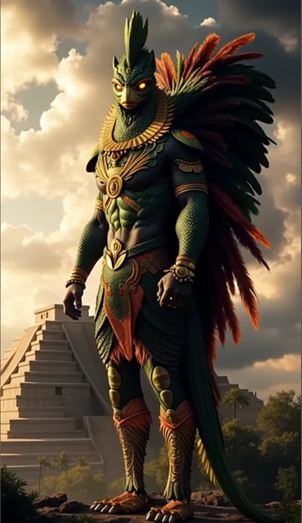 Draw an Aztec king next to a jaguar, A peacock and an axolotl too, with a golden crest and feathers from all the birds in the world.